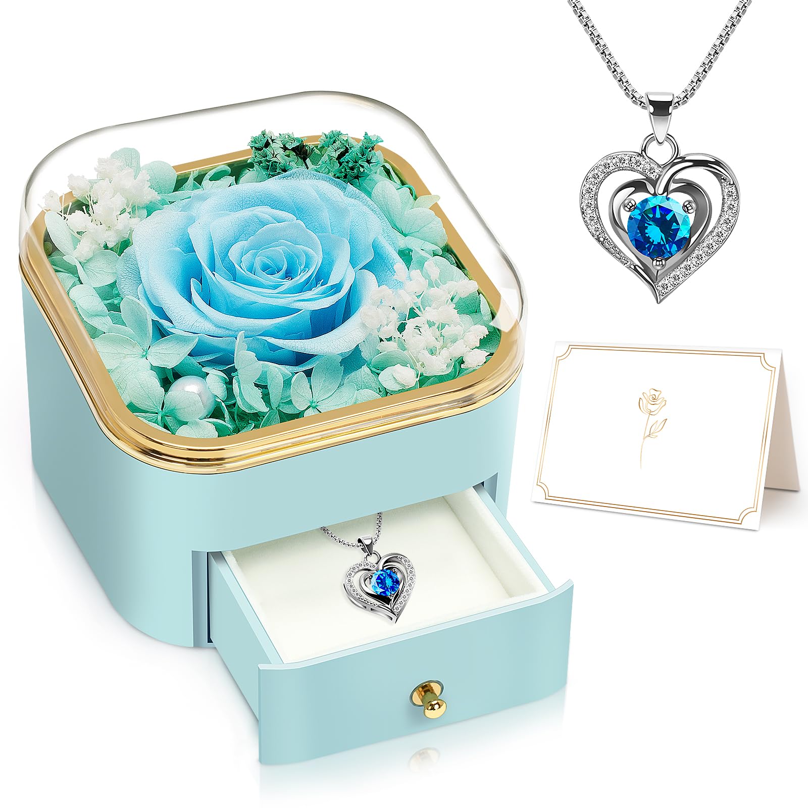 Real Preserved Rose Necklace Gift for Women - Eternal Flower Jewelry for Mom, Girlfriend, Wife | Christmas, Birthday, Anniversary Present | Romantic Keepsake for Special Occasions (Light Blue)