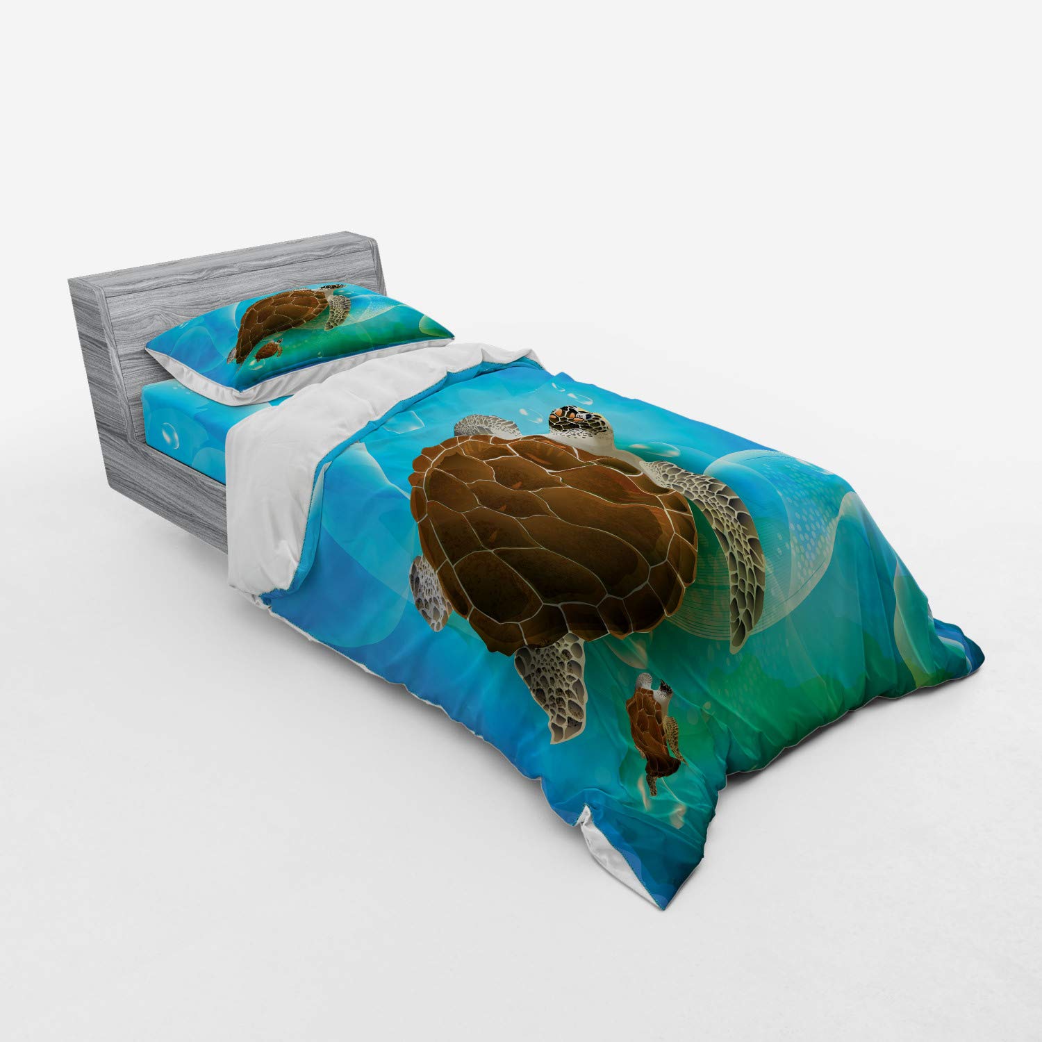 Ambesonne Turtle Family Ocean Duvet Cover Set - 3 Piece Twin Size Bedding with Sham & Fitted Sheet, Green Blue Brown Underwater Cartoon Design | Perfect for Kids' Rooms, Beach Themed Decor & Marine Life Enthusiasts