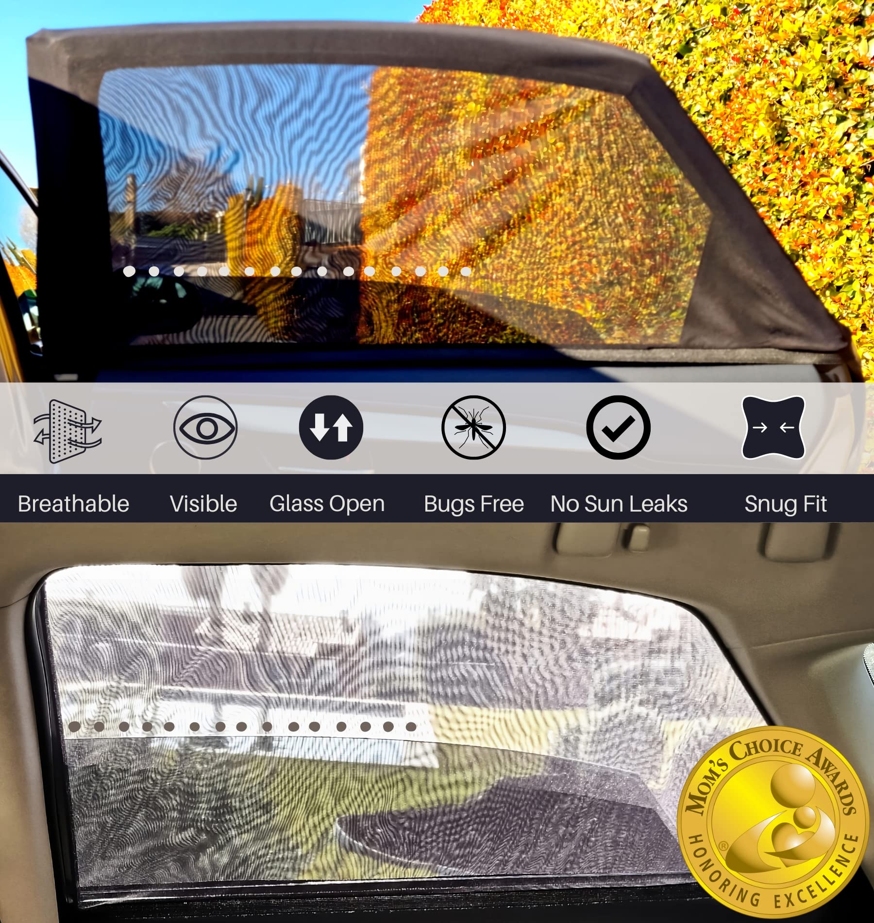 Qualizzi XXL Car Side Window Shades for SUVs (12 Sizes) - UV Protection, Heat & Bug Blocking Mesh Screens for Baby Safety & Privacy, 2-Pack Stretchable Sun Shades - Perfect for Road Trips & Summer Driving