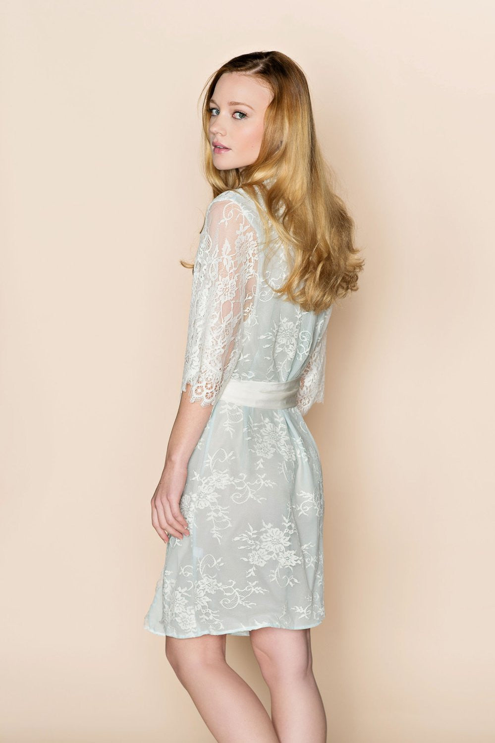 Light Blue Swan Queen Lace & Silk Bridal Robe Kimono - Style 104 | Elegant Wedding Party Getting Ready Outfit for Bridesmaids & Bride