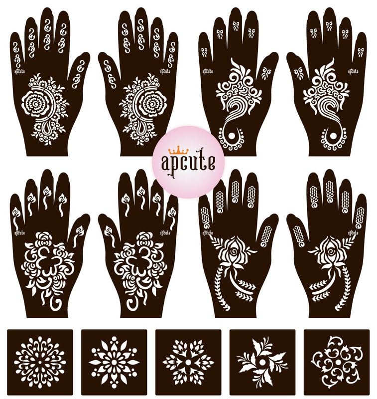 APCUTE 13-Piece Henna Stencil Kit | Temporary Tattoo & Mehndi Stencils for Full Hand Designs - Easy 4-Step Application for Women & Girls | Perfect for Weddings, Festivals & Body Art (Designs 89-90-124-125)