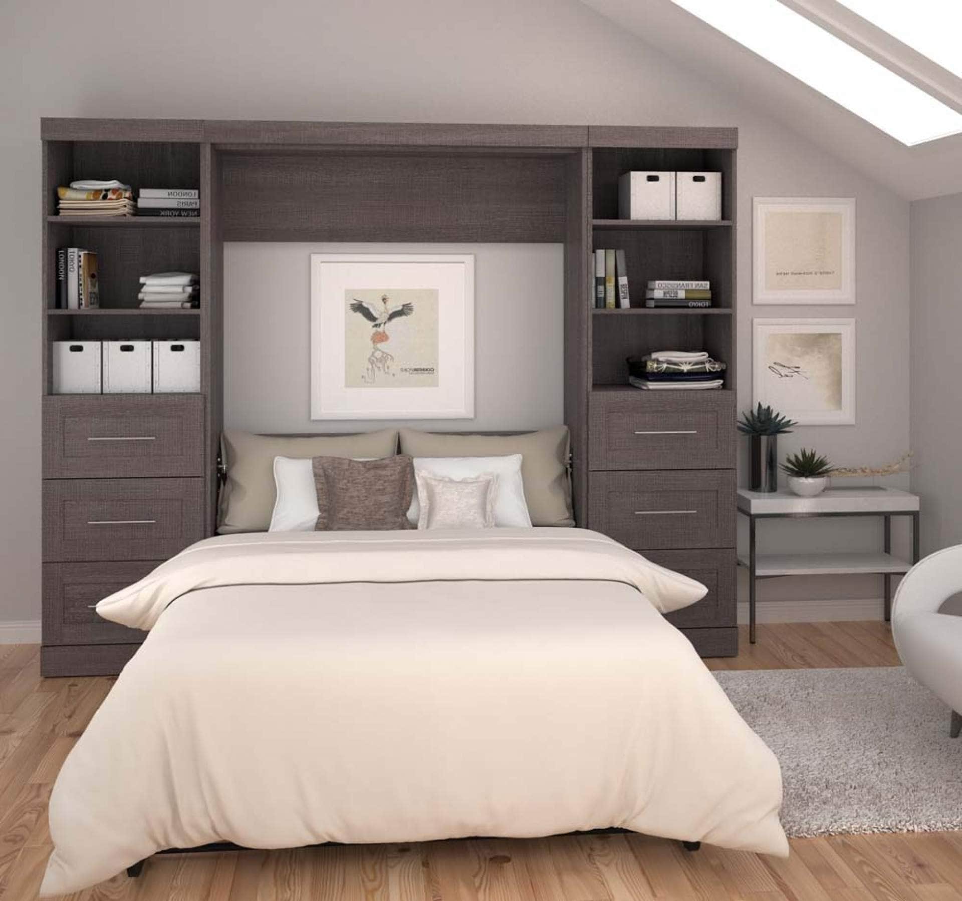 Pur Full Murphy Wall Bed with 2 Storage Units & Drawers (109W) - 7 Color Options for Space-Saving Home Office, Guest Room & Small Apartments