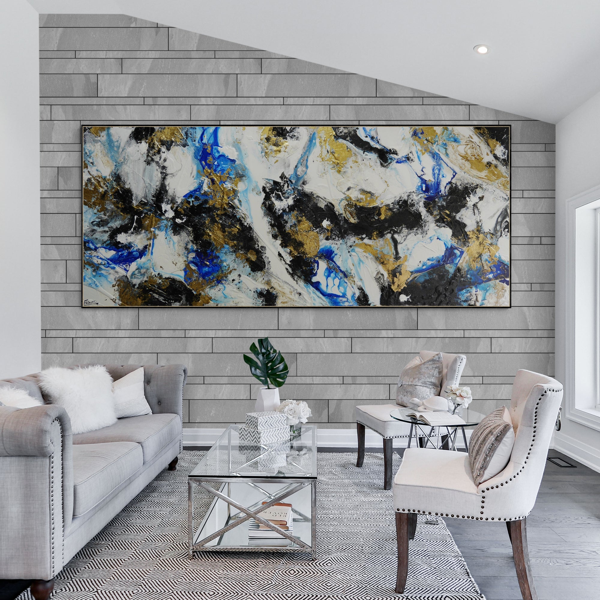 Golden Genesis 240x100cm Blue White Metallic Gold Textured Abstract Wall Art Painting - Modern Home Decor for Living Room, Bedroom & Office