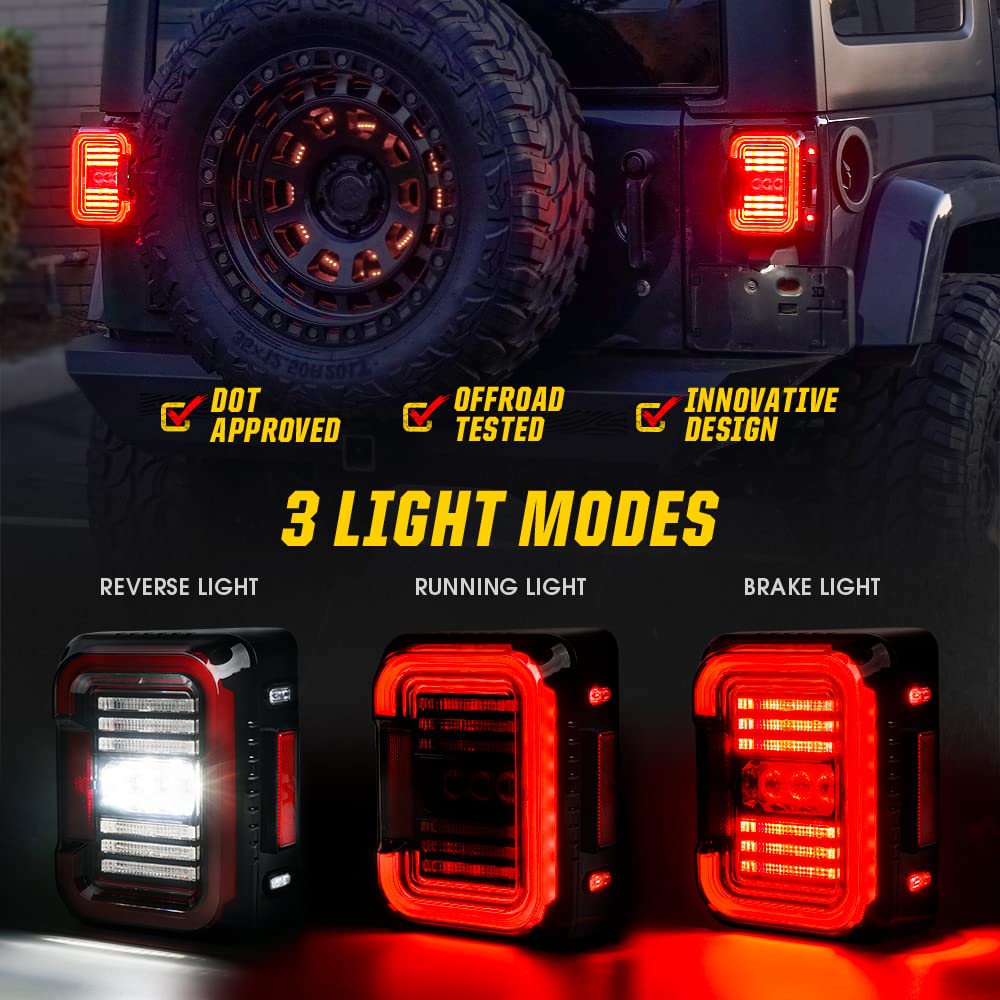 Xprite DOT Approved LED Tail Lights for 2007-2018 Jeep Wrangler JK & JKU (Sport/Sahara/Rubicon) - C-Shaped Clear Lens with Running, Brake, Turn Signal & Reverse Lights - Built-in EMC - Perfect for Off-Roading & Night Driving
