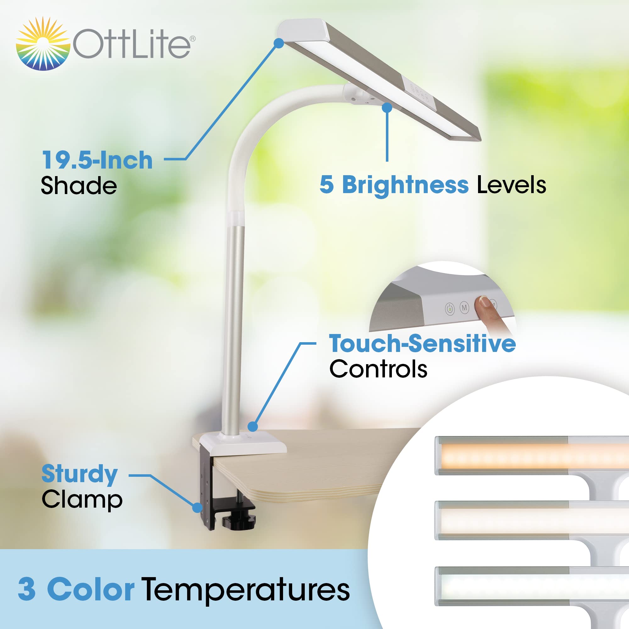 OttLite LED Clamp Desk Lamp - 3 Color Temperatures for Home & Office