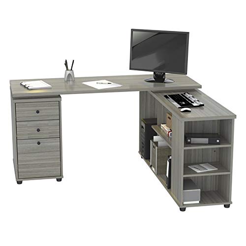 Pemberly Row L-Shaped Computer Desk in Smoke Oak Engineered Wood - Home Office Desk with Storage Shelf, Modern Workstation for Small Spaces, Perfect for Remote Work & Gaming Setup