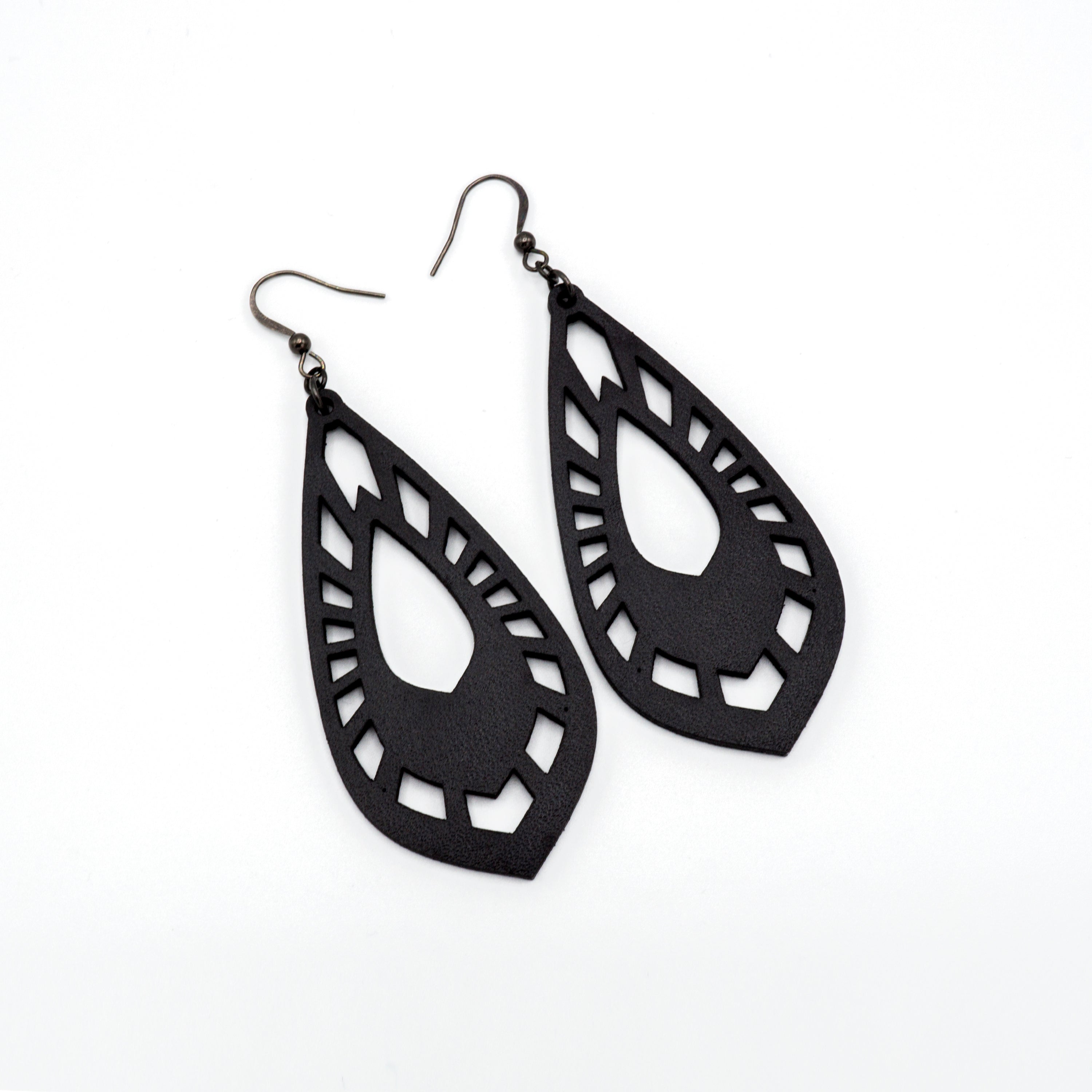 Gem Point 05 [L] Black Leather Earrings for Women - Boho Chic Handmade Dangle Drop Earrings for Casual Wear, Parties & Special Occasions