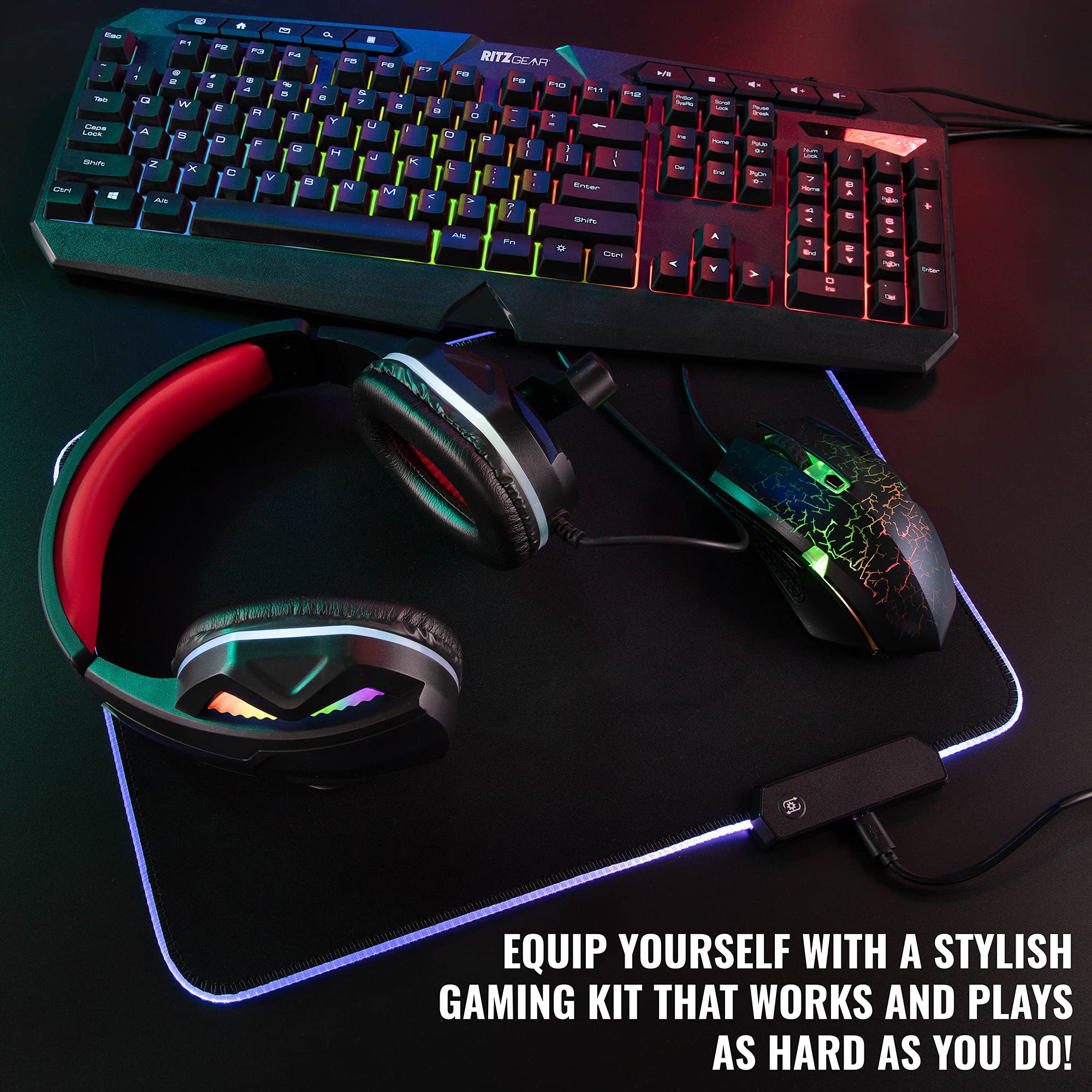 Ritz Gear RGB Gaming Accessories Kit - 4-in-1 LED Combo with Multimedia Keyboard, Optical Mouse, Mouse Pad & Gaming Headset for Windows 7/10, Mac, Xbox, PS4 | Perfect for PC Gaming, Streaming & Esports Tournaments