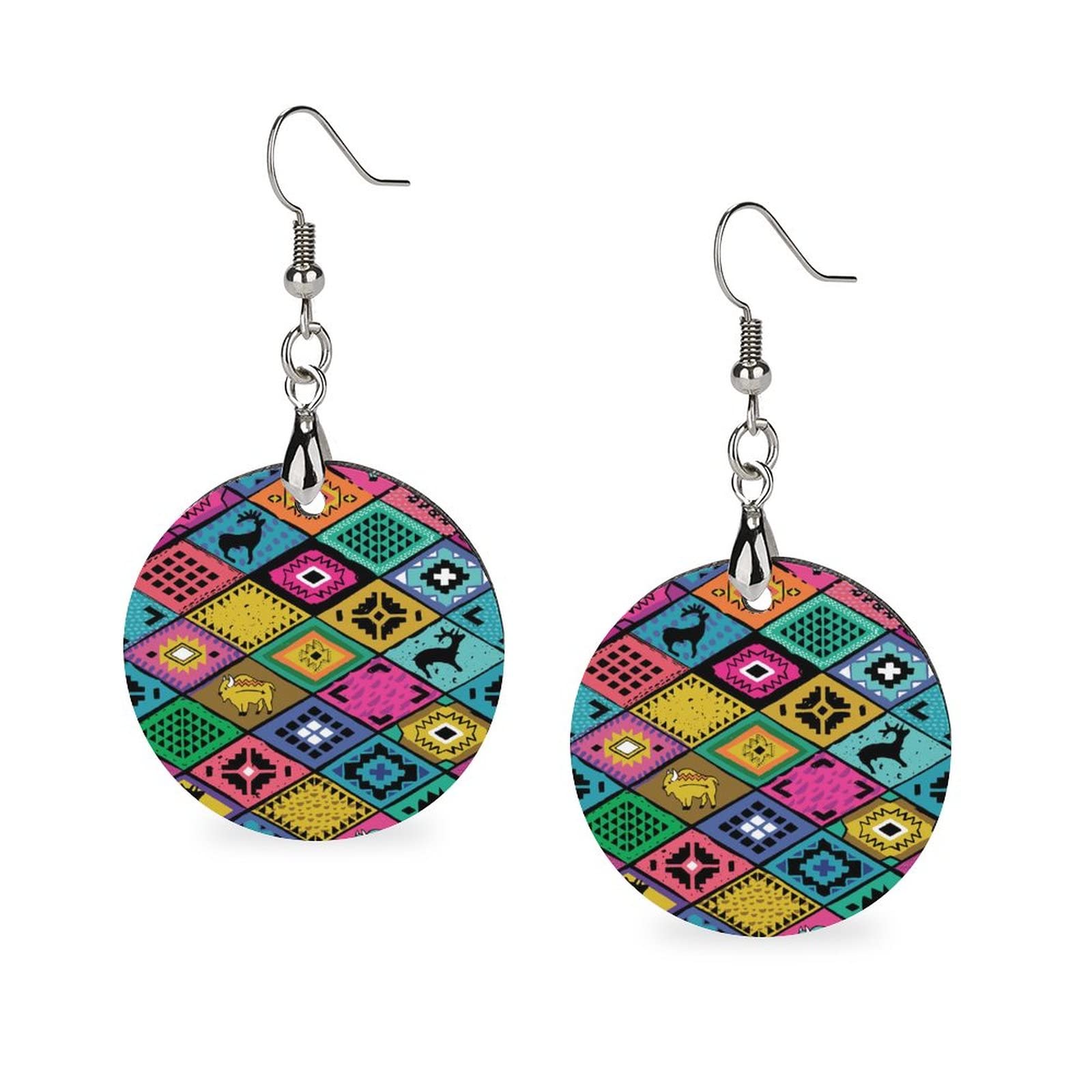 Southwestern Style Women's Wooden Earrings with Deer & Buffalo Round Pendant - Cute Funny Graphic Jewelry for Boho Fashion & Western Outfits