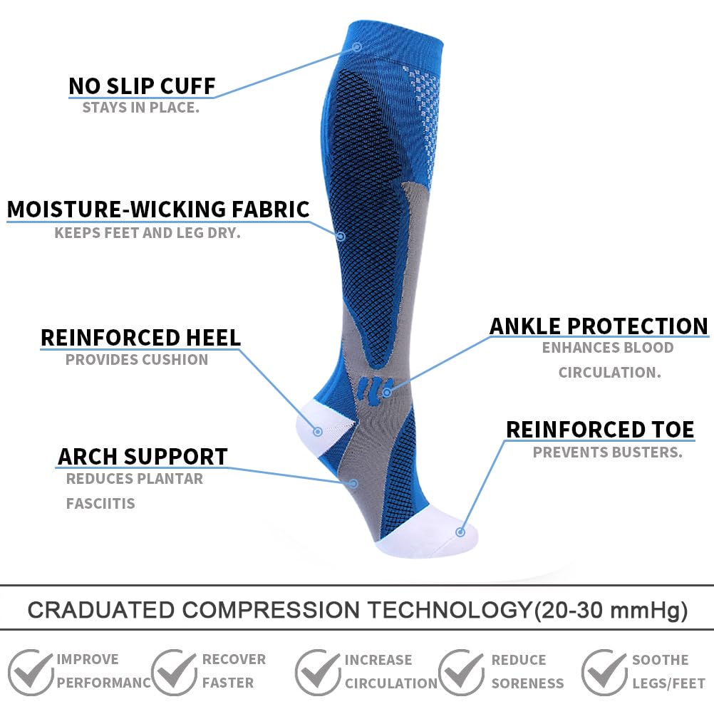 20-30mmHg Compression Socks for Men & Women - 6 Pairs Knee High Support Socks for Running, Travel & Circulation - Doctor Recommended for Varicose Veins & Swelling Relief