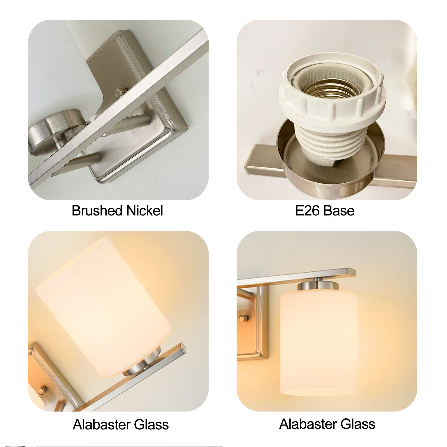 NEOUS 3-Light Brushed Nickel Bathroom Vanity Lighting Fixture with White Glass Shades - E26 Base for 60W Max Bulbs - Perfect for Modern Bathrooms, Powder Rooms and Dressing Areas