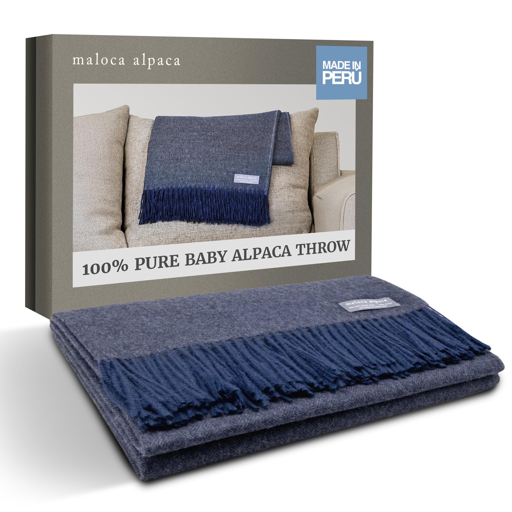 Ultra Soft 100% Baby Alpaca Wool Throw Blanket - Lightweight & Warm Herringbone Weave - Hypoallergenic & Skin-Friendly - Ethically Sourced from Peru - Navy Blue Luxury Blanket for Cozy Nights, Sofa Lounging & Winter Bedding
