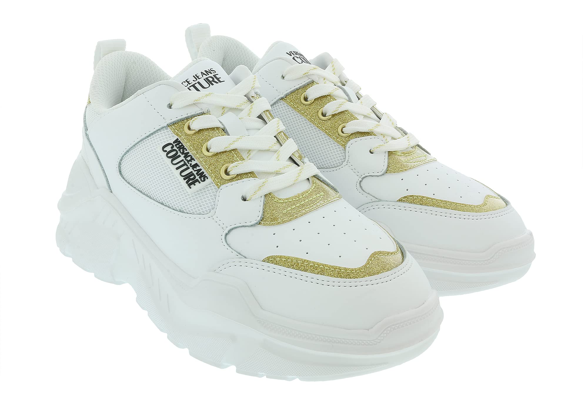 Versace Jeans Couture Women's White Gold Chunky Sneakers - Fashion Athletic Shoes for Running, Gym & Casual Outfits