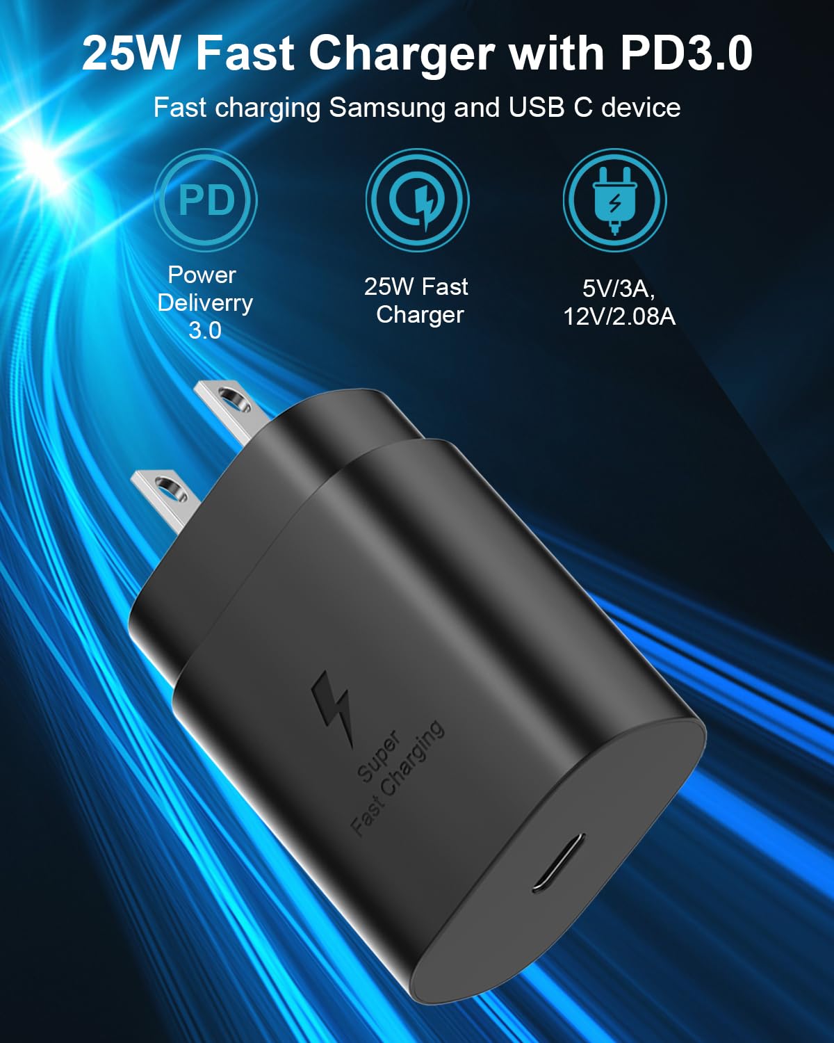 2-Pack 25W USB C Fast Charger Block & 10ft USB C Cable - Super Fast Charging for Samsung Galaxy S24 Ultra/S23/S22/S21/S20, iPhone 15 - Type C Wall Charger Plug with PD Technology - Perfect for Home, Office & Travel Charging Needs