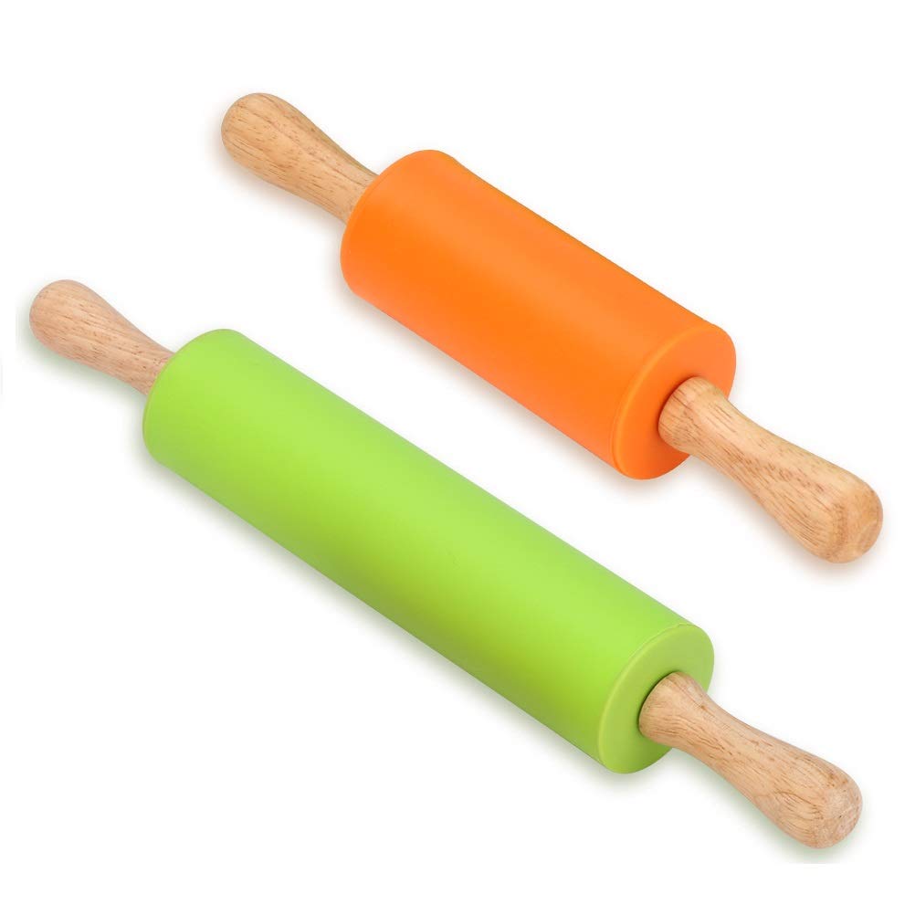 Non-Stick Silicone Rolling Pin Set - 2 Pack Wooden Handle Dough Roller for Baking Pizza, Cookies, Pastry & Pie Crust - Mini & Large Size for Home Kitchen & Professional Use