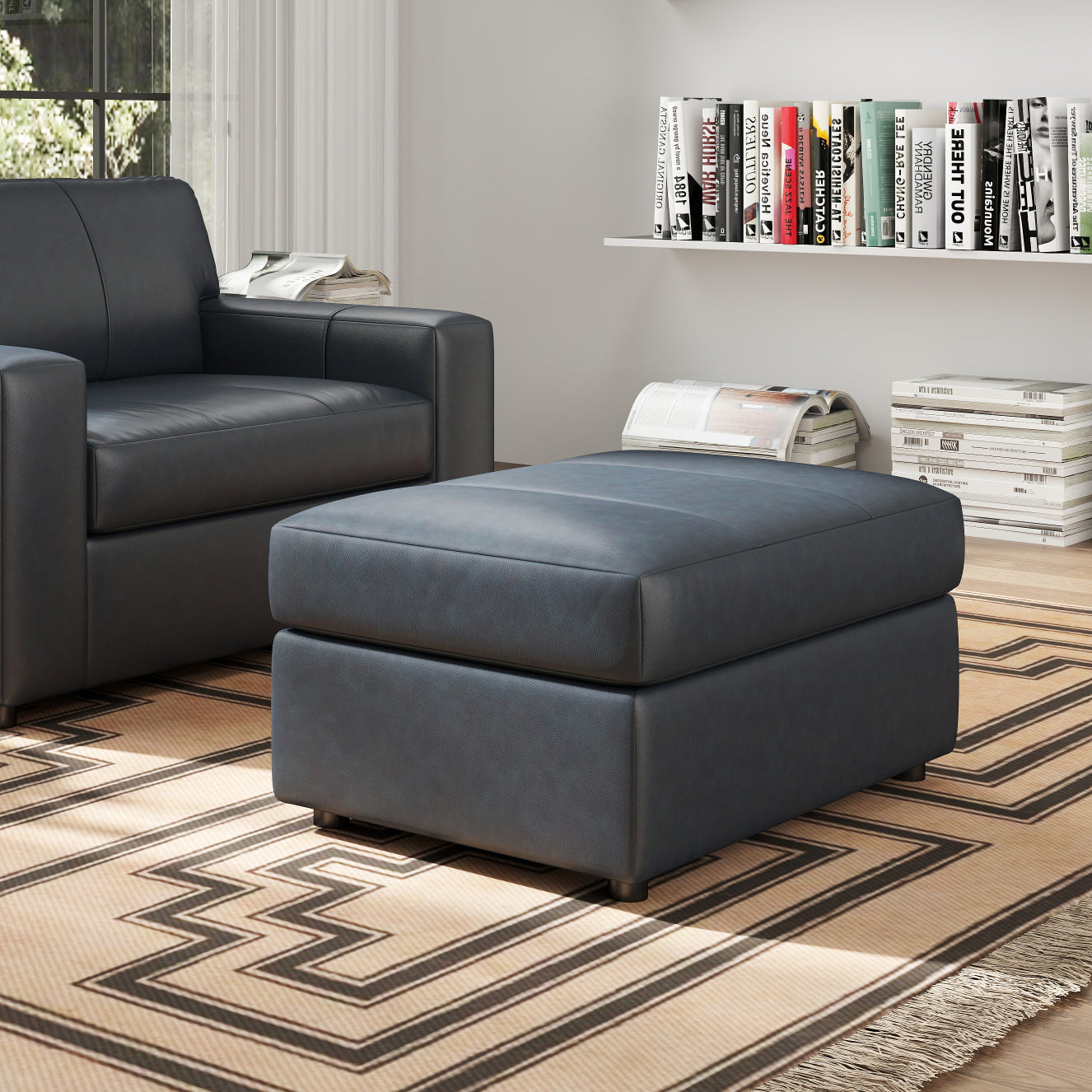Roundhill Furniture Sakan Leather Upholstered Ottoman - Premium Leather Footrest Stool with Storage for Living Room, Bedroom & Home Decor