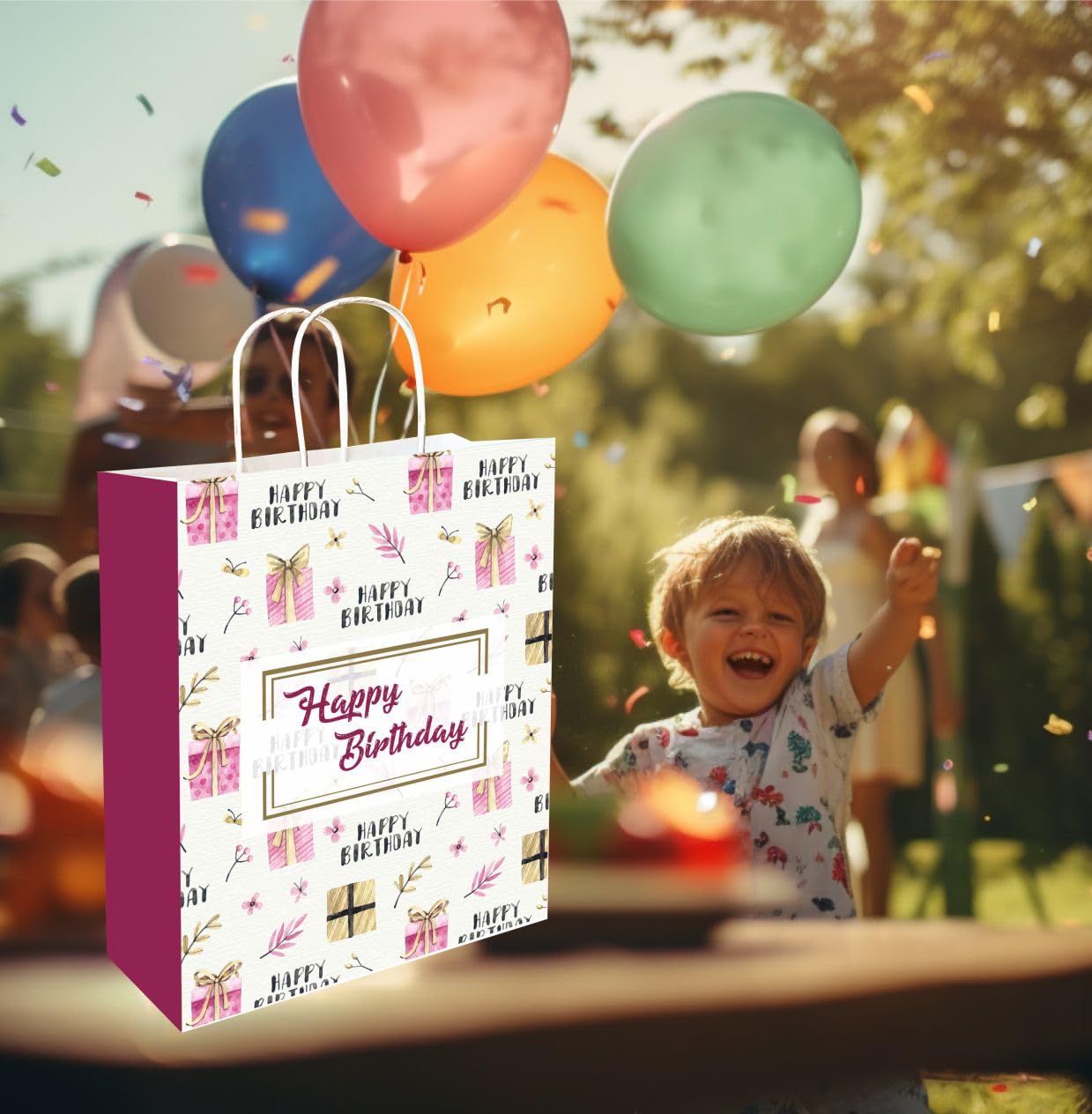 Omnipresent Pack 12-Piece Happy Birthday Printed Paper Gift Bags - 11.4x9.4x4.7 Inch Cream Colored 90 GSM - Perfect for Party Favors, Wedding Gifts & Holiday Presents