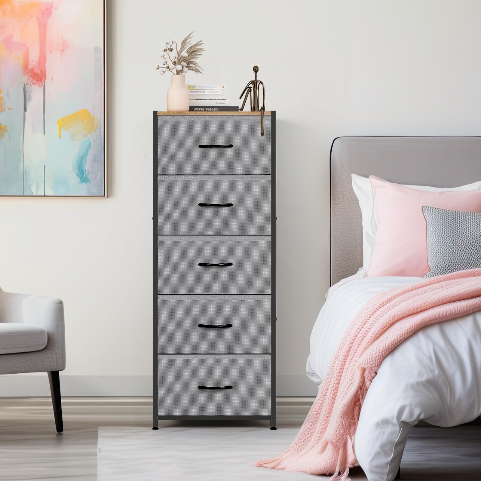 MOOACE 5-Drawer Dresser with Wooden Top - Tall Fabric Storage Tower Organizer for Bedroom, Closet, Living Room & Entryway - Sturdy Metal Frame in Grey - Perfect for Small Space Organization & Home Decor