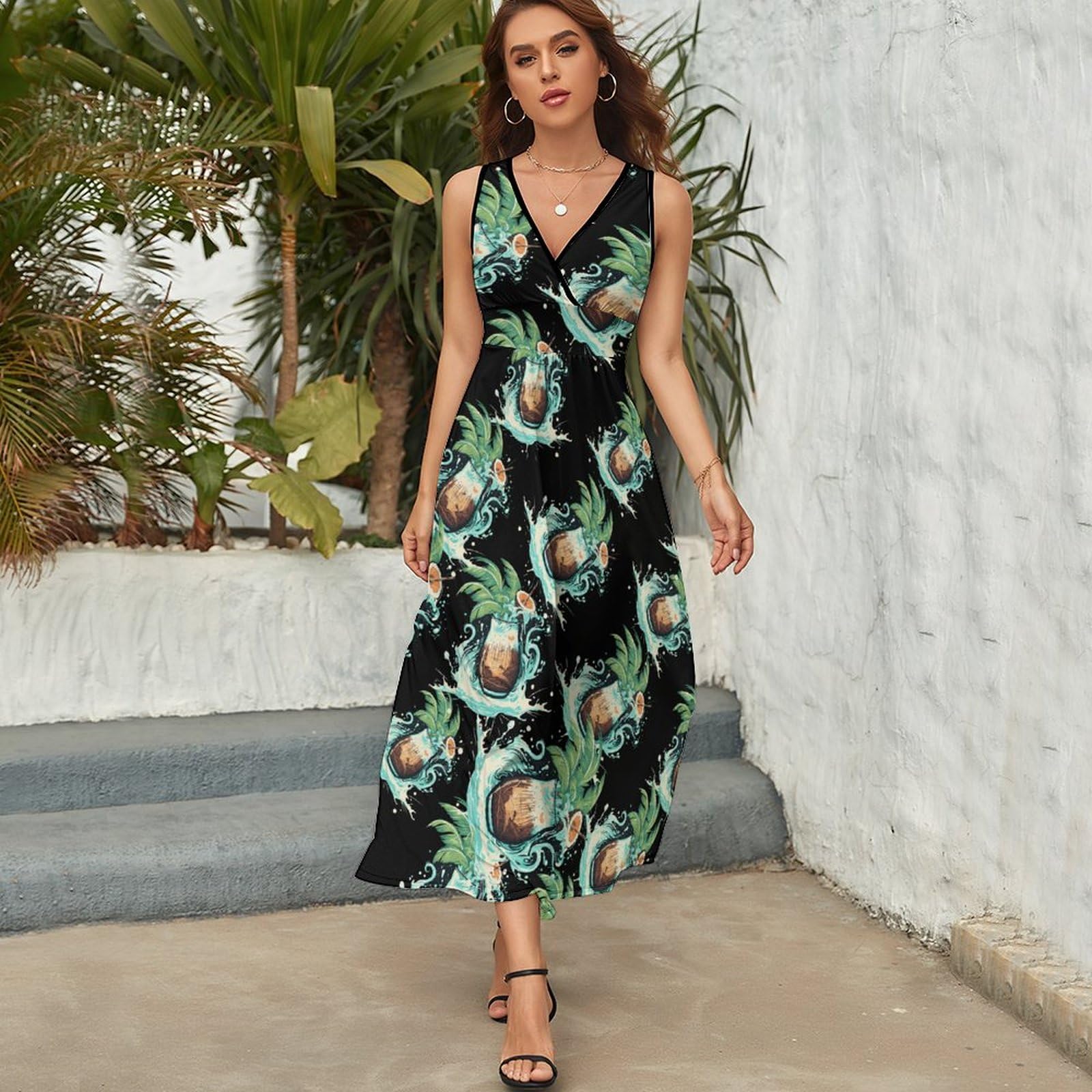 Women's Casual Sleeveless Loose Fit Palm & Coconut Print Maxi Sundress - Perfect for Beach Vacations, Summer Outings, and Tropical Getaways