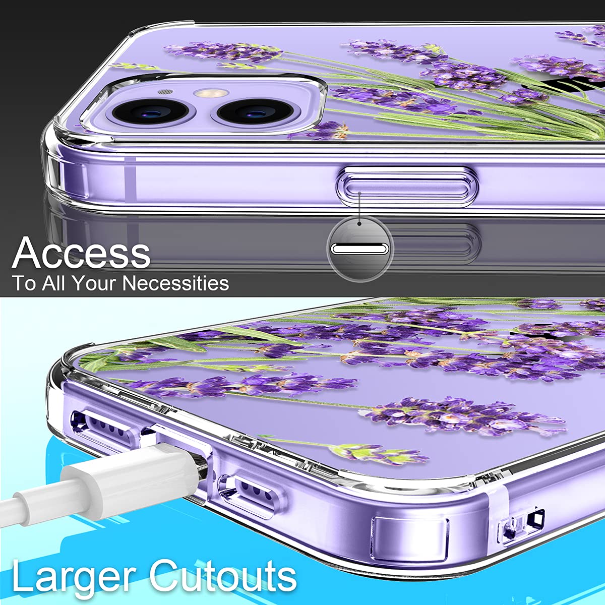 GiiKa Clear Floral Shockproof Hard Case with TPU Bumper & Screen Protector for iPhone 12/12 Pro - Purple Flowers Design | Protective Phone Cover for Women & Girls | Perfect for Everyday Use, Work, and Travel