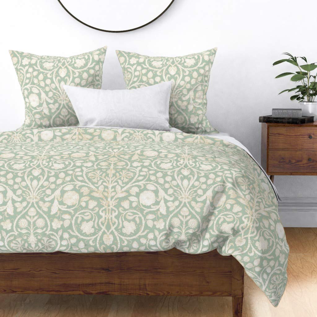 Custom Damask Floral French Green Aqua Print Cotton Sateen Duvet Cover - Full/Queen Size for Bedroom Decor | Spoonflower Premium Bedding for Cozy & Stylish Home