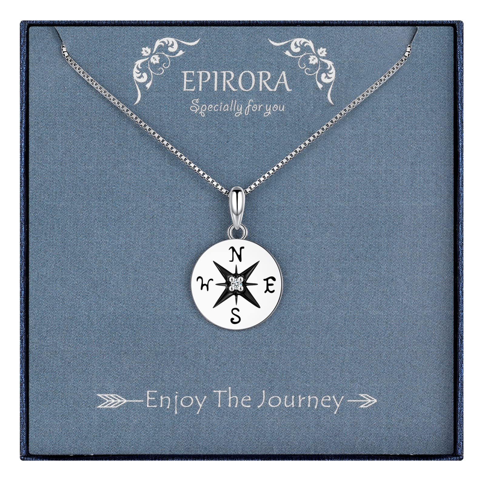 EPIRORA Sterling Silver Compass Necklace for Women - Inspirational Travel Jewelry Gift with Gift Box (Birthday, Graduation, Retirement) - Perfect for Girlfriend, Wife, Friend, Sister & Colleague | Great for Adventure Lovers, Hiking & Outdoor Enthusiasts