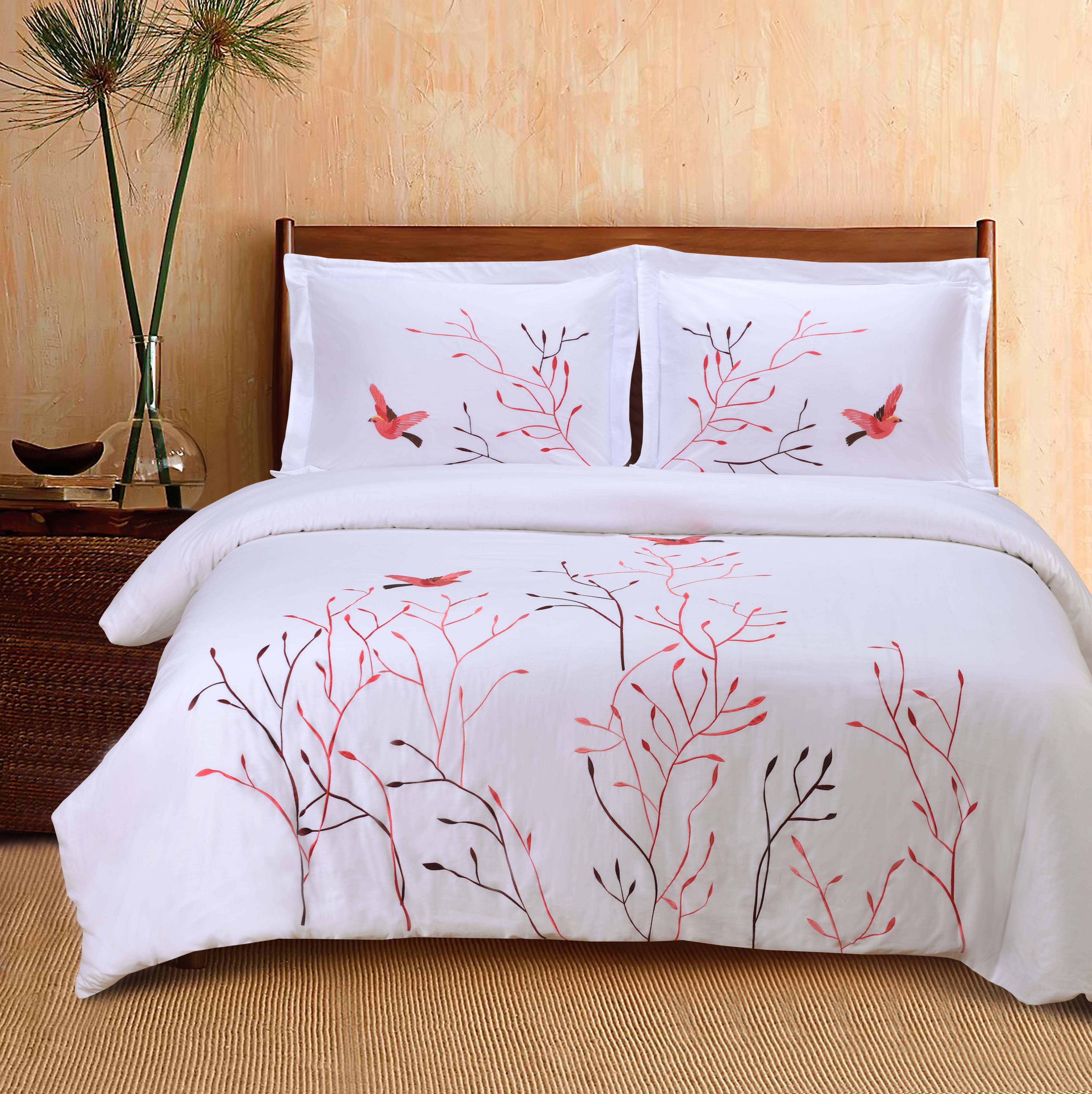 Premium 3-Piece Cotton Embroidered Duvet Cover Set - Soft & Breathable Bedding with Swallow Design - Perfect for Master Bedroom, Guest Room & Dorm Decor
