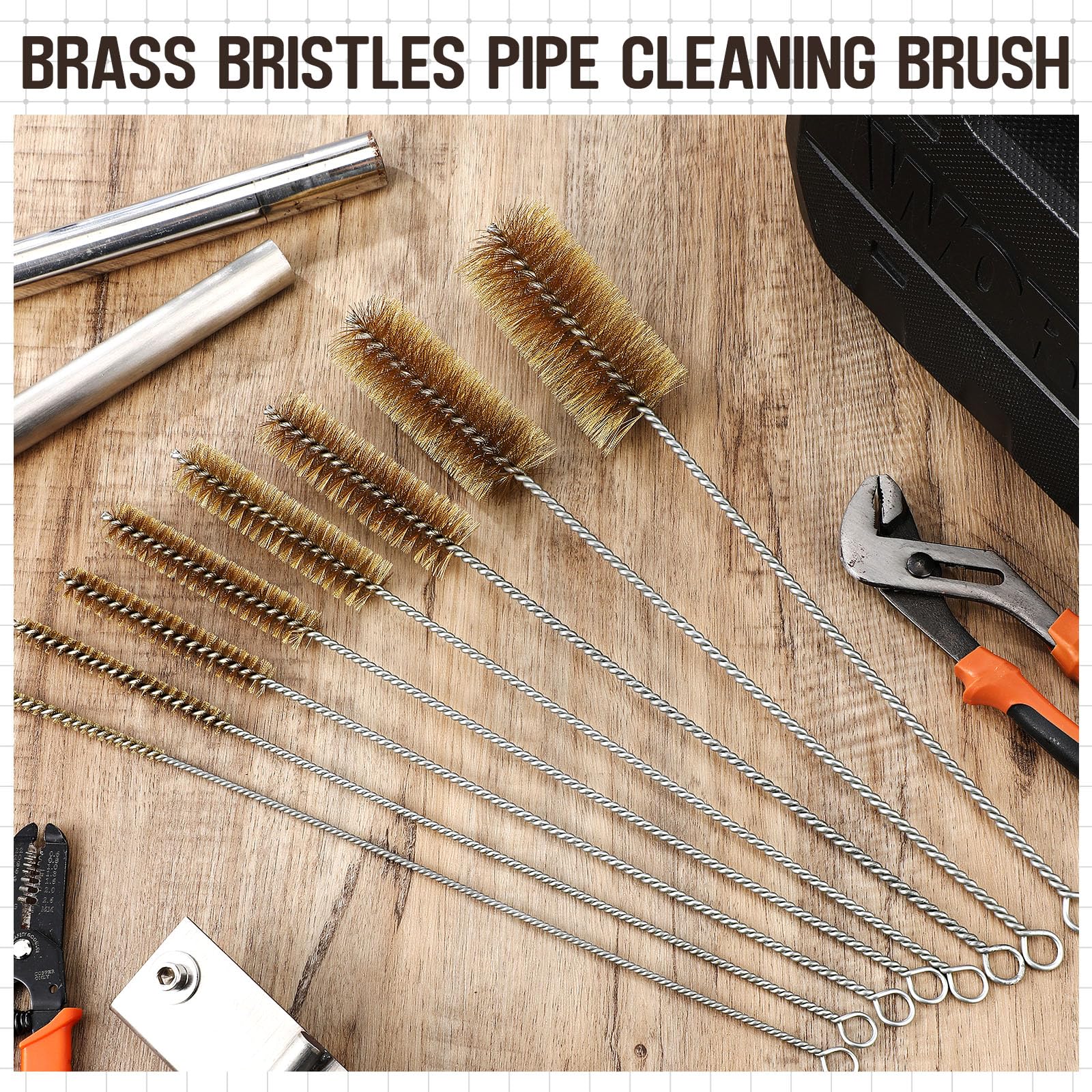 **16 Inch Long Pipe Cleaning Brush with Brass Bristles - Heavy Duty Bore & Wire Brush for Plumbing, Guns, and HVAC (8-Piece Set) - Perfect for Deep Cleaning Pipes, Barrels, and Tight Spaces**