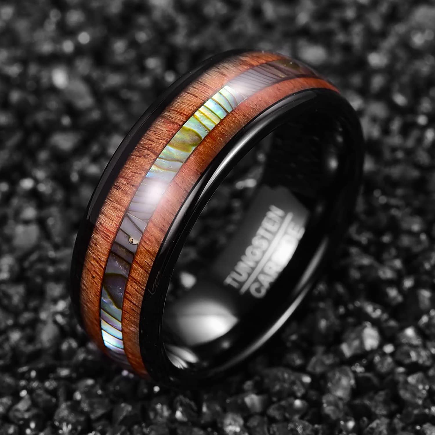 Tungsten Wedding Rings for Men - Wood & Abalone Shell Inlay Koa Band, Dome Style Promise & Engagement Ring, Size 6-14 - Perfect for Anniversary Gifts & Outdoor Weddings