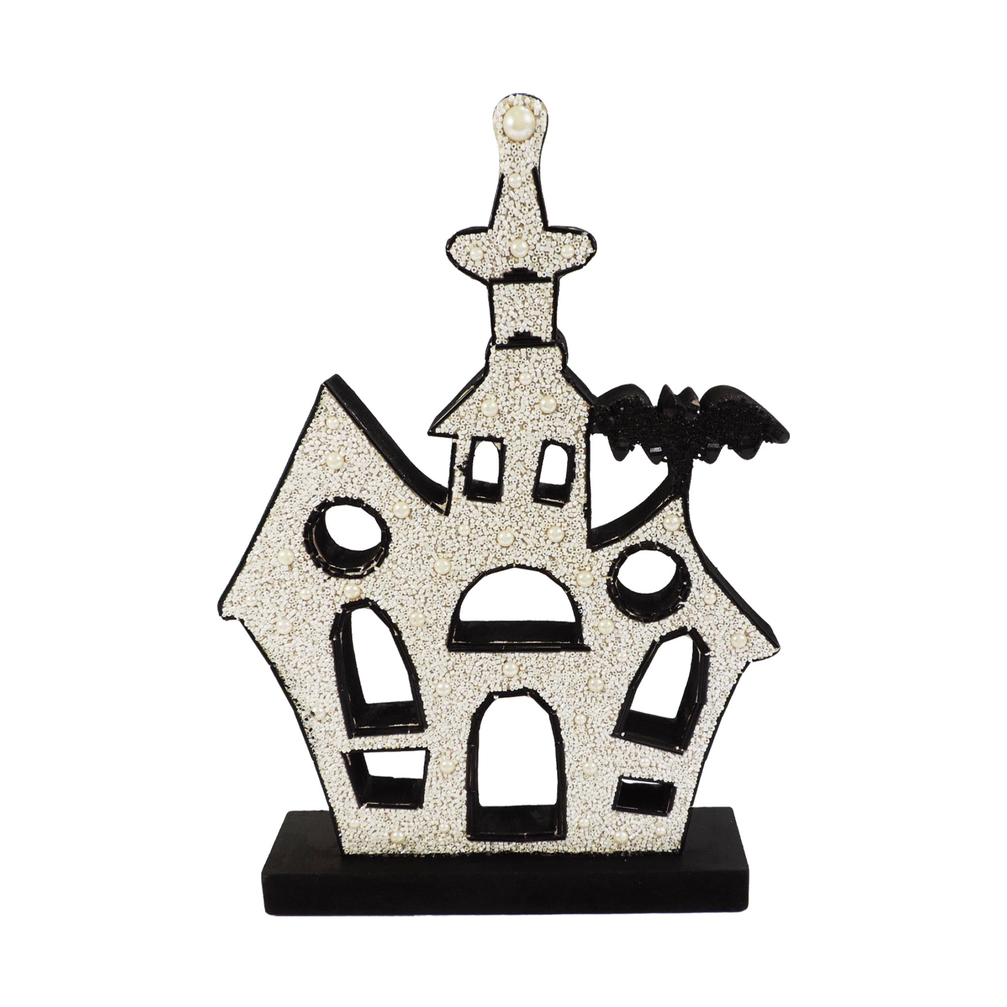 Spooky White & Black Beaded Halloween Table Decor - Haunted House Centerpiece for Halloween Party, Home & Office Decoration
