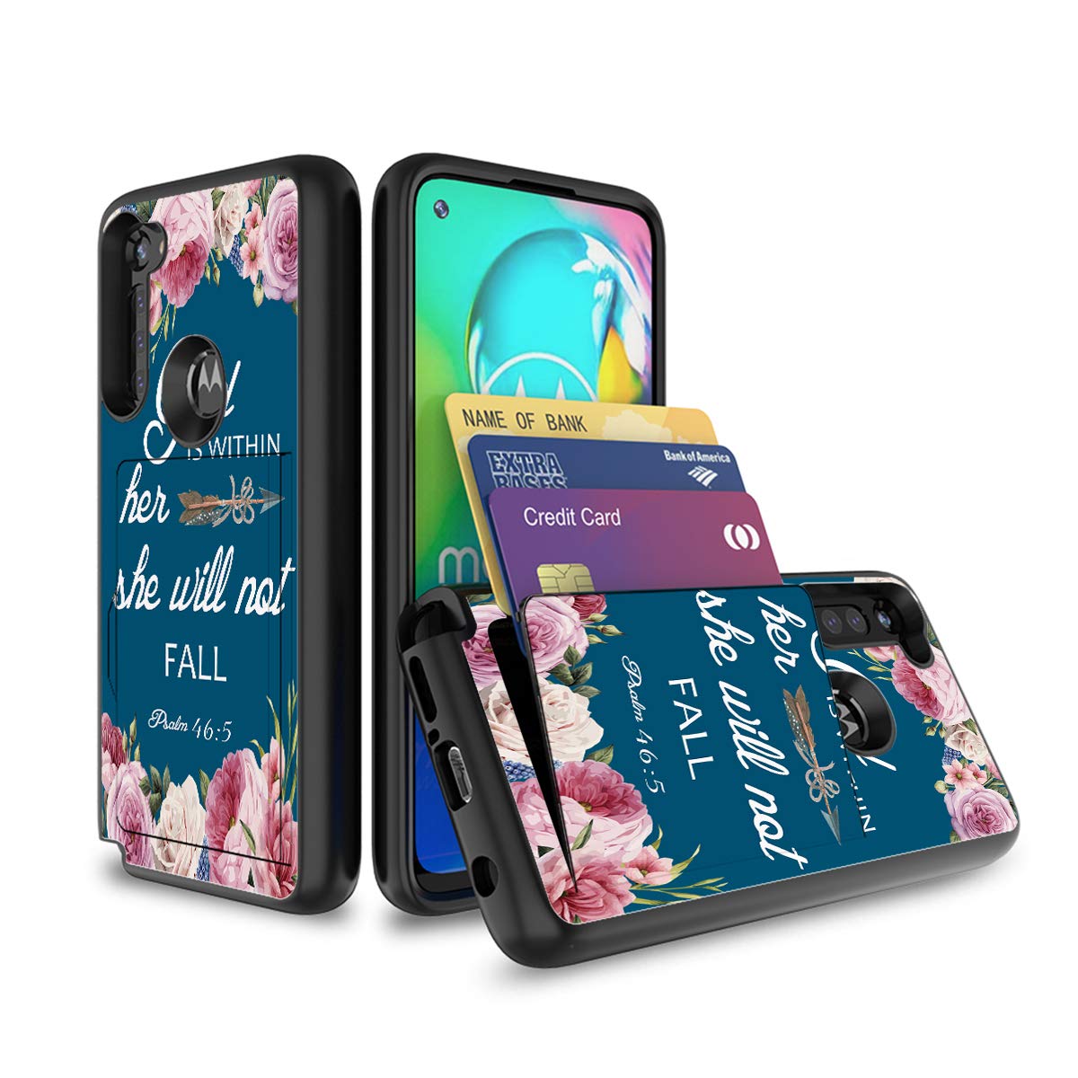 Premium Dual Layer Protective Case for Moto G Stylus/G Power/G8 Power - Wallet & Credit Card Holder with ID Slot - Pink Floral Design with Psalm 46:5 Bible Verse - Perfect for Daily Use & Travel Protection