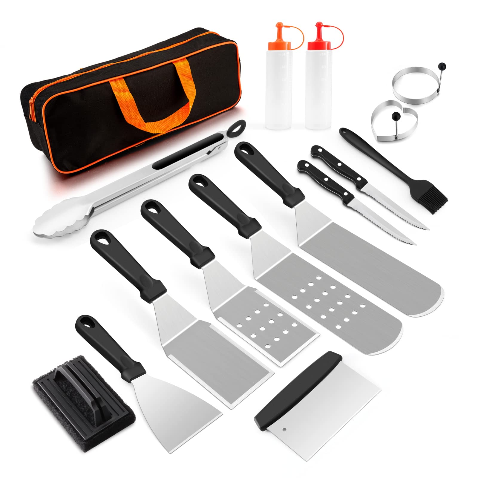 16-Piece Griddle Accessories Kit - HaSteeL Stainless Steel Teppanyaki Tools for Flat Top Grill, Hibachi & Camping BBQ | Heavy Duty Metal Spatulas, Chopper, Steak Knives, Squeeze Bottles & Carrying Bag | Easy to Clean & Durable | Perfect for Outdoor Cooking, Backyard Grilling & Camping Trips