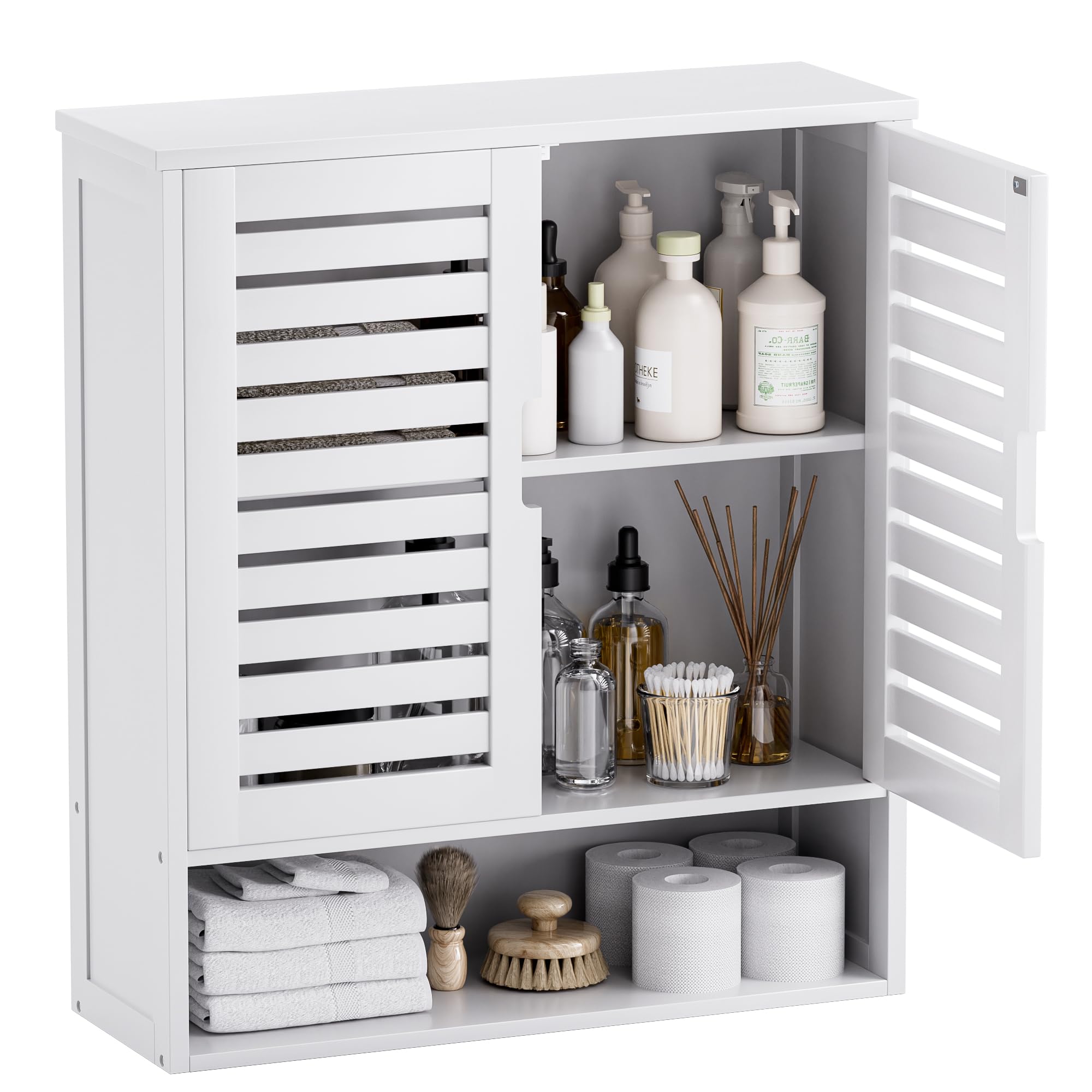 SMIBUY White Bamboo Over-The-Toilet Storage Cabinet - Wall Mounted Bathroom Organizer with 2 Doors & Adjustable Shelves for Medicine, Cosmetics & Toiletries - Perfect for Small Bathroom Space Saving Solutions