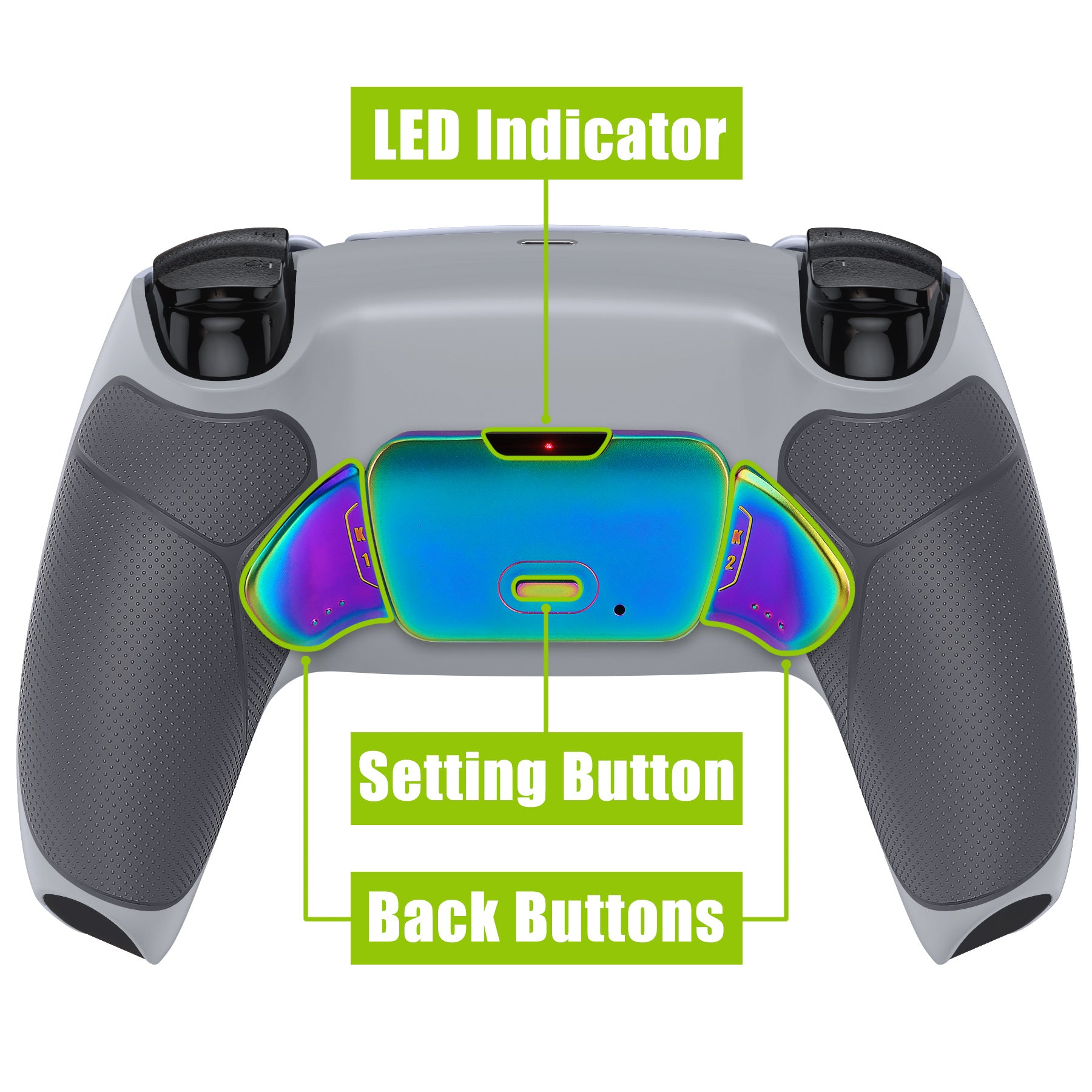 eXtremeRate Rainbow Aura Blue & Purple Metal Buttons (RMB) RISE Remap Kit for PS5 Controller BDM-030/040/050 - Customize Your Gameplay with Rubberized New Hope Gray & Classic Gray Buttons for Enhanced Gaming Experience