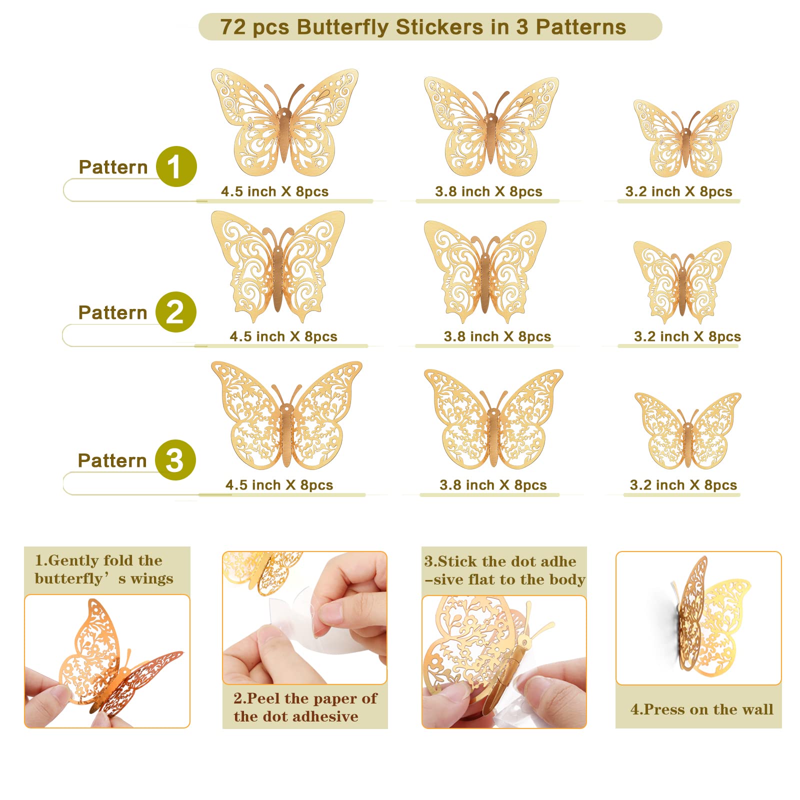 72 Pcs Gold Butterfly Decorations - 3 Sizes & Styles, 3D Wall Butterflies for Party, Birthday, Wedding, Baby Shower Decor | DIY Crafts, Cake Toppers, Home & Room Wall Decorations