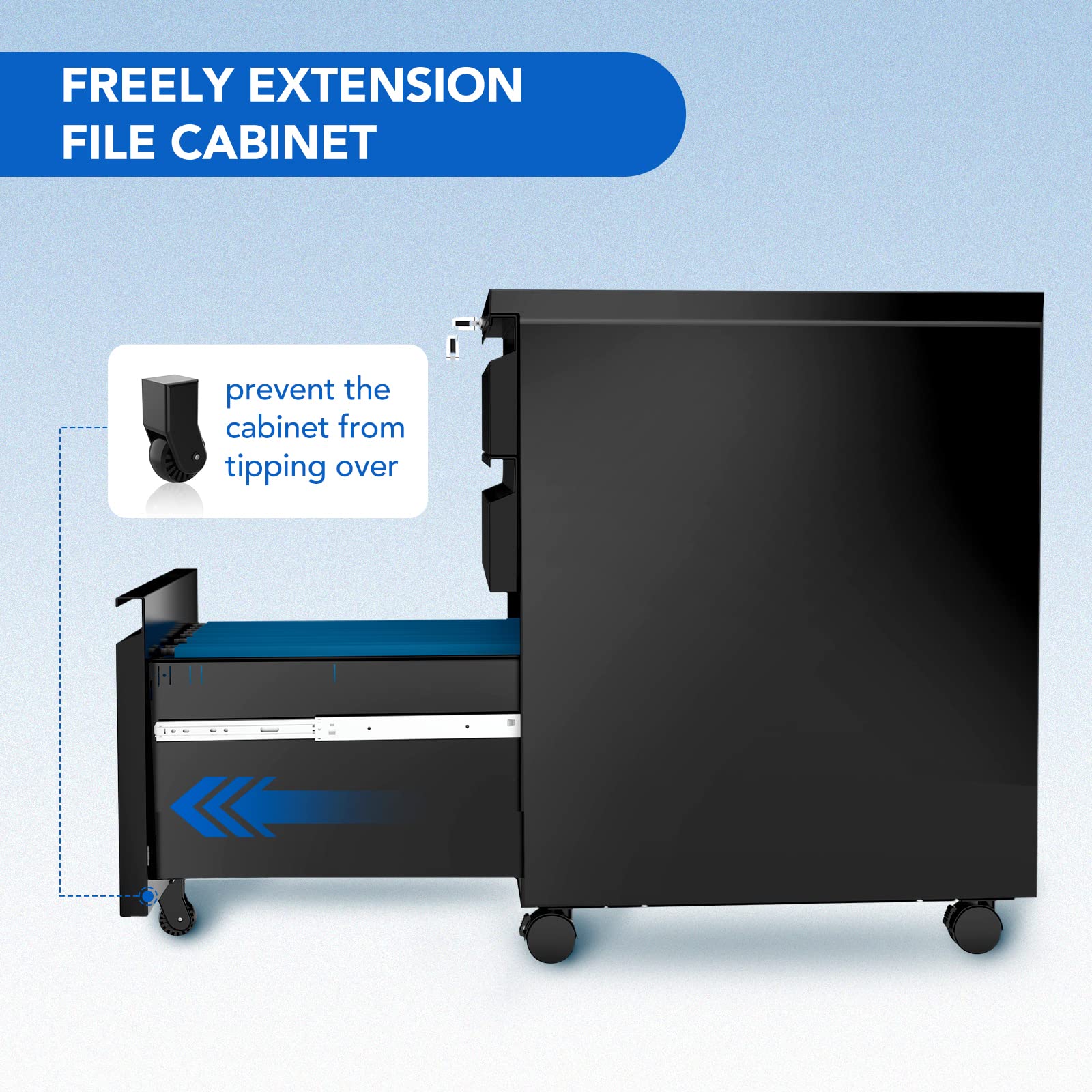 FLEXISPOT 3-Drawer Metal File Cabinet with Lock - Mobile Under Desk Storage for Legal/Letter/A4 Files - Fully Assembled Home Office Organizer (Black) - Perfect for Small Spaces & Document Management