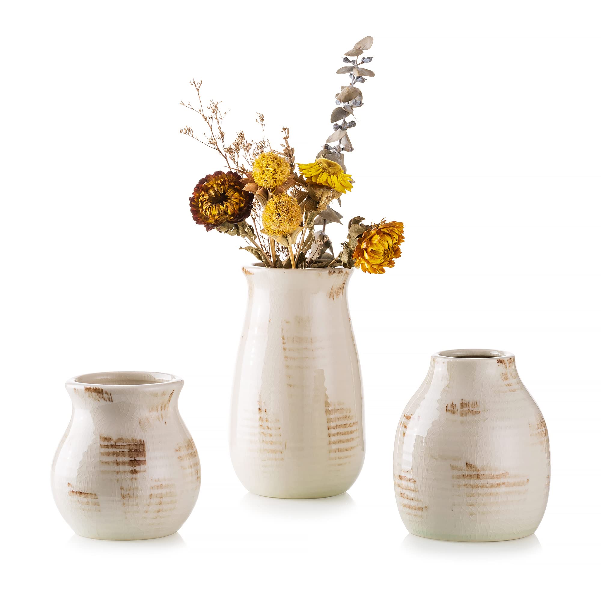 Hewory Set of 3 White Ceramic Vases - Modern Farmhouse Decor, Rustic Distressed Decorative Vases for Shelf, Table, Bookshelf, Mantel & Entryway | Perfect for Home, Office, Wedding Centerpiece & Gift Giving