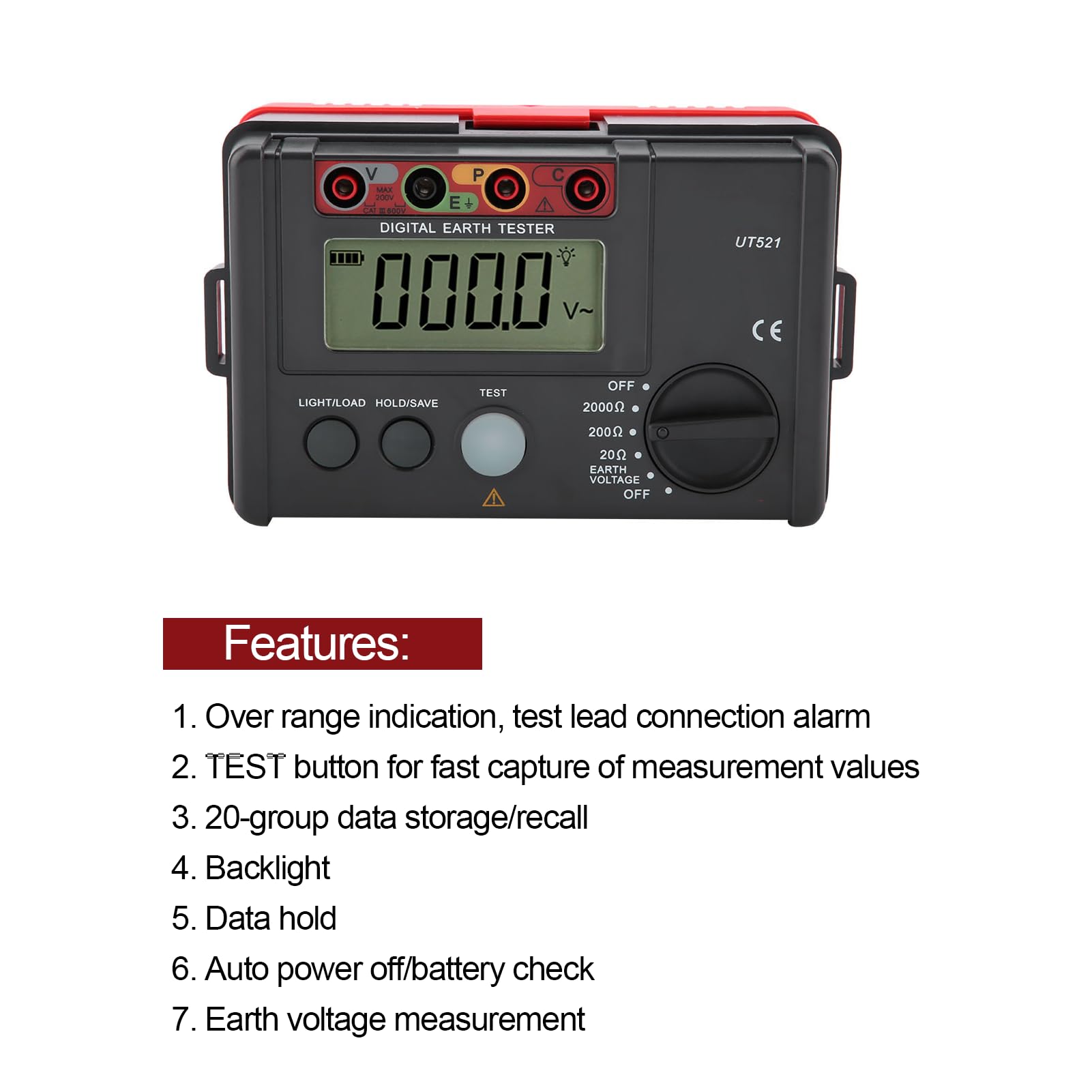Premium UT521 Digital Earth Ground Insulation Tester Kit - Accurate Ohmmeter with Storage Case (50Hz/60Hz) for Electrical Safety Testing in Homes, Industrial Sites & Solar Installations