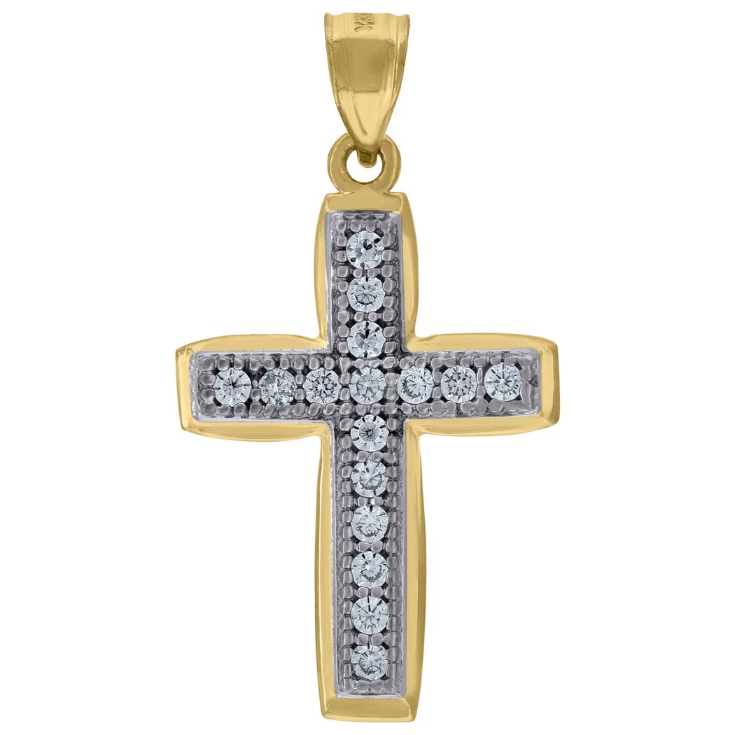 10K Two-Tone Gold Men's & Women's Cubic Zirconia CZ Cross Pendant Necklace - 29.2x15.20mm Religious Jewelry Gift for Christmas, Baptism & Everyday Wear