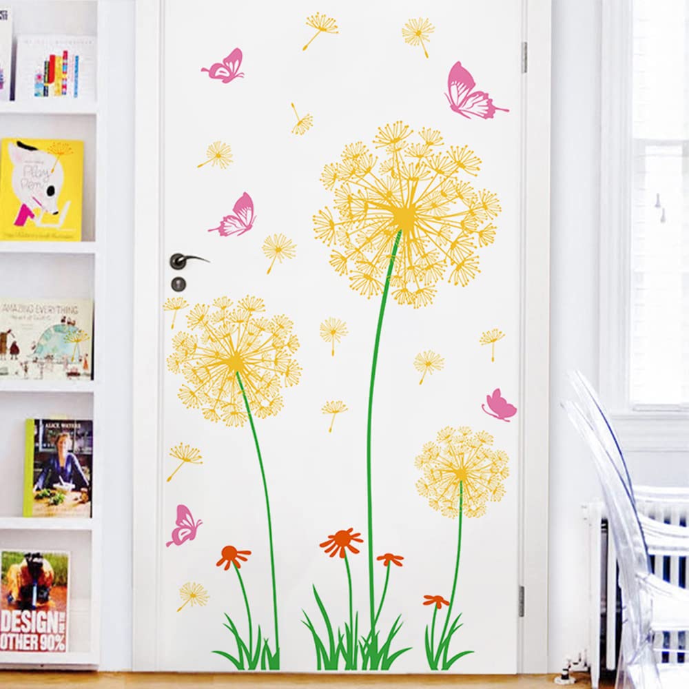 DIY Dandelion & Butterfly Wall Decals - 2 Sets Yellow Floral Stickers for Home Decor (11.81''x35.43'') - Perfect for Living Room, Bedroom, Staircase & Hallway Wall Art