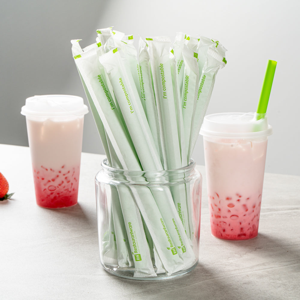 Eco-Friendly Compostable PLA/PBAT Plastic Boba Straws - 2000 Count Box, Biodegradable & Wrapped for Bubble Tea, Smoothies, and Cold Drinks - Basic Nature Green
