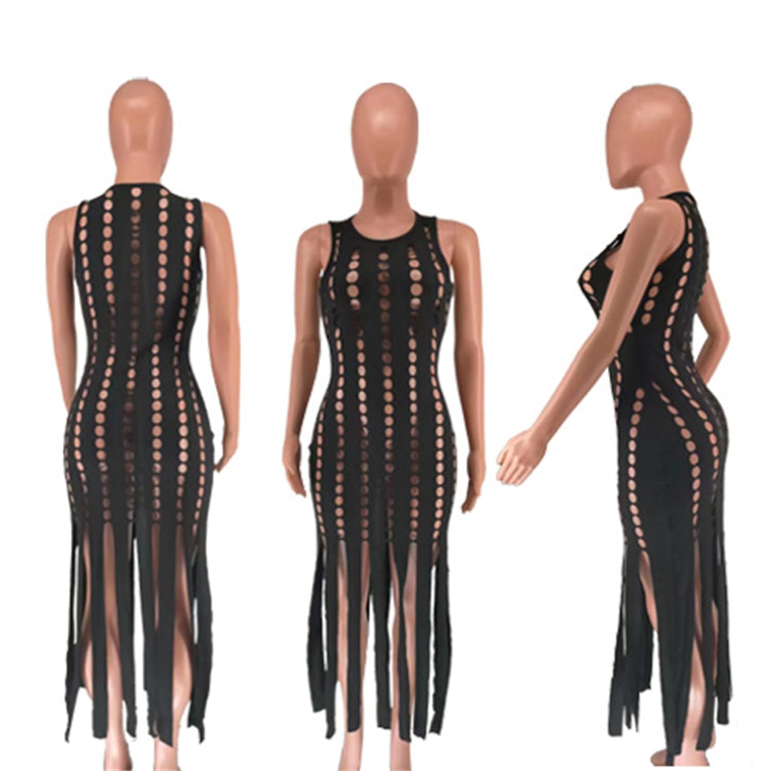 KELYWELL Women's Sexy Sleeveless Hollow Out Bodycon Midi Dress with Tassel - Elegant Party, Evening, Club Wear for Night Out & Special Occasions
