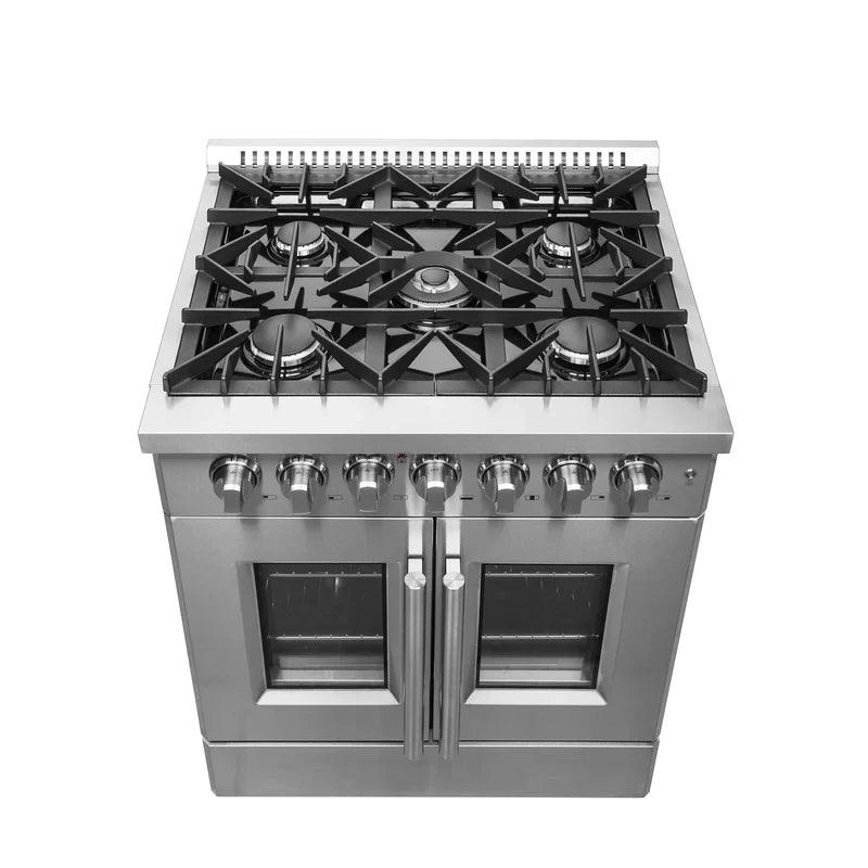 FORNO 30 Inch Freestanding Dual Fuel Range - Stainless Steel French Door Oven with 5 Burners & 68,000 BTU - Model FFSGS6356 - Perfect for Modern Kitchens & Professional Cooking