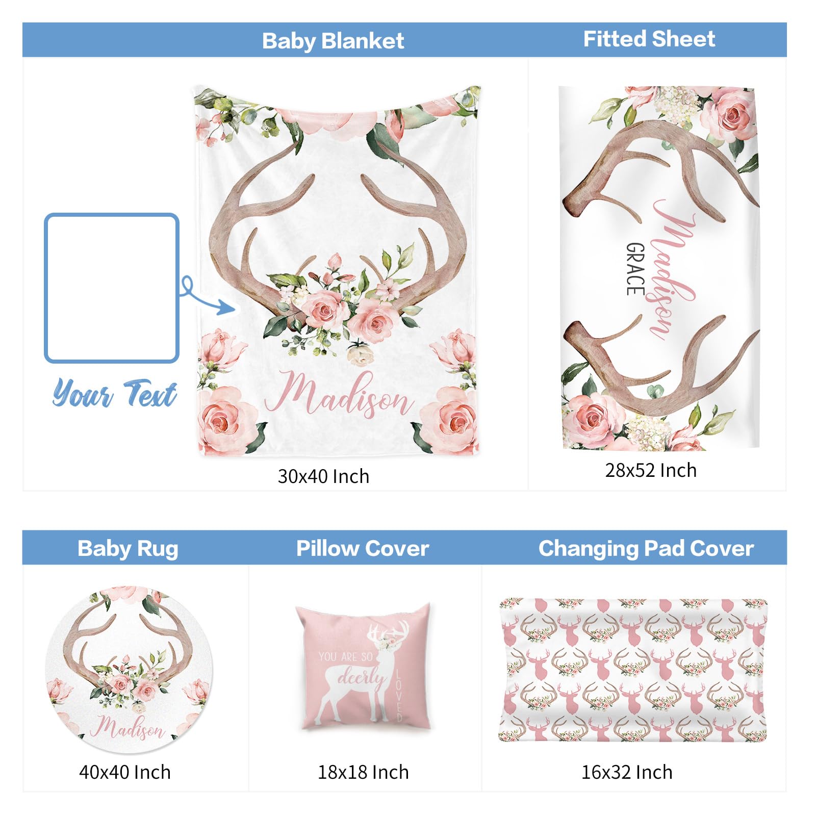 Personalized 5-Piece Baby Crib Bedding Set with Name - Pink Woodland Deer Nursery Set for Baby Girls | Custom Crib Sheets, Blanket & Decor | Perfect Baby Shower Gift & Nursery Essentials for Newborns & Toddlers