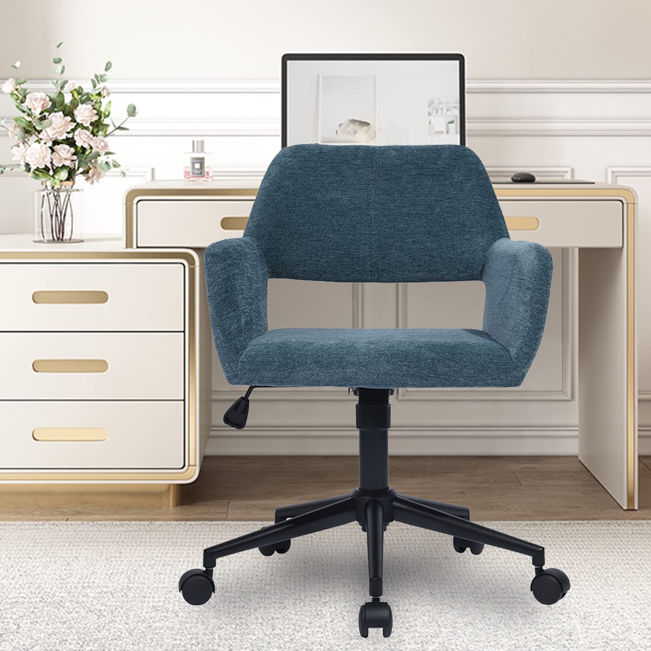 Velvet Swivel Desk Chair with Hollow Mid-Back - Upholstered Office Task Chair for Home, Living Room, Vanity & Makeup Room - Ergonomic Comfort for Work, Study & Beauty Routine
