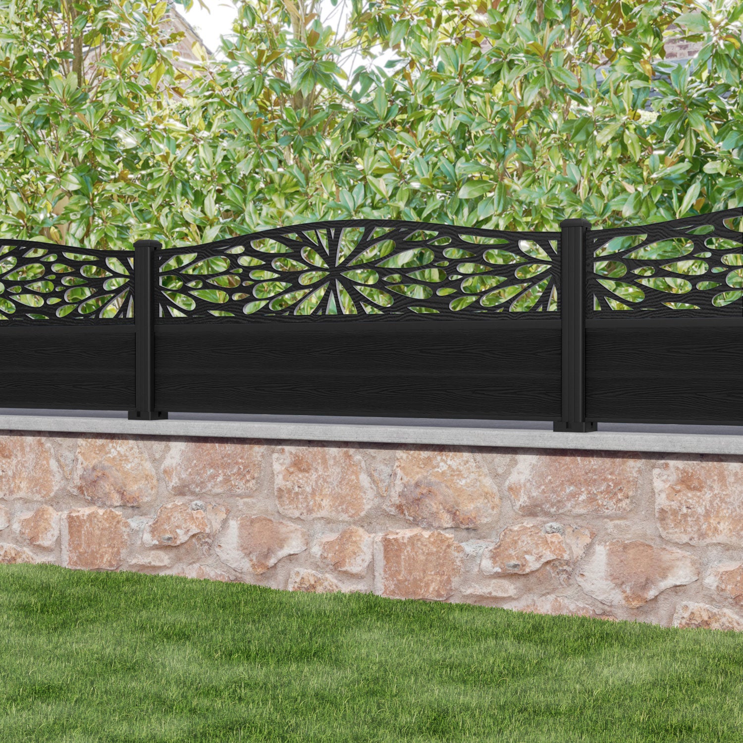 Classic Blossom Curved Top Black Aluminum Fence Panel - Decorative Garden Fencing for Backyard, Patio & Poolside Landscaping