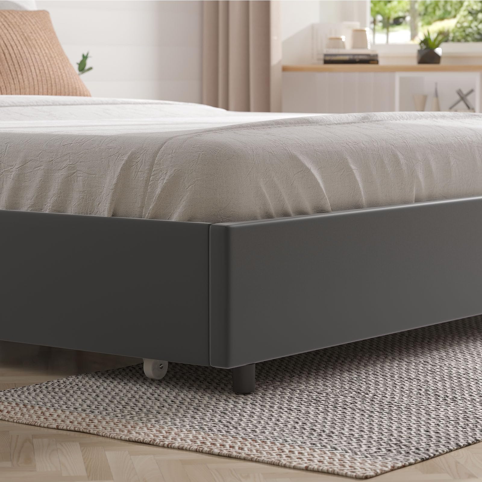 Luxury Monica King Size Velvet Upholstered Bed with Diamond Accents & Mirror Headboard - Wood Slat Support, No Box Spring Needed, Easy Assembly (Gray, Queen) - Perfect for Master Bedrooms & Guest Rooms with 4 Storage Drawers for Extra Organization
