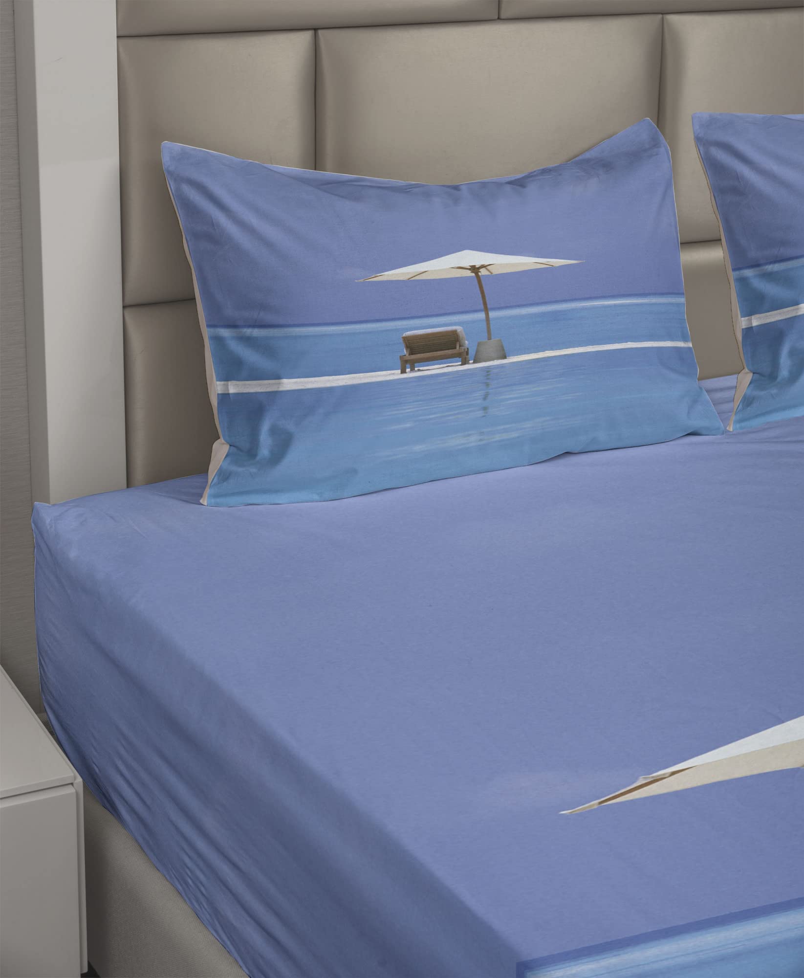 Ambesonne 4-Piece King Size Seaside Sheet Set - Ocean Seascape with Beach Chairs & Umbrella Design, Blue & Beige Bedding Set Includes Fitted Sheet, Flat Sheet & 2 Pillowcases | Perfect for Beach-Themed Bedrooms, Coastal Decor & Vacation Homes