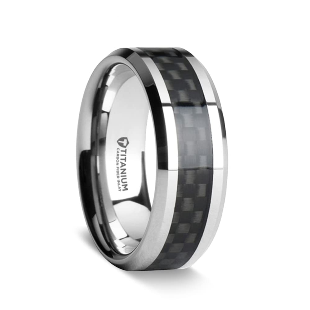Men's Titanium Black Carbon Fiber Inlay Wedding Band - Comfort Fit Flat Beveled Ring - 8mm Wide Colosseum Style - Perfect for Weddings, Anniversaries & Special Occasions