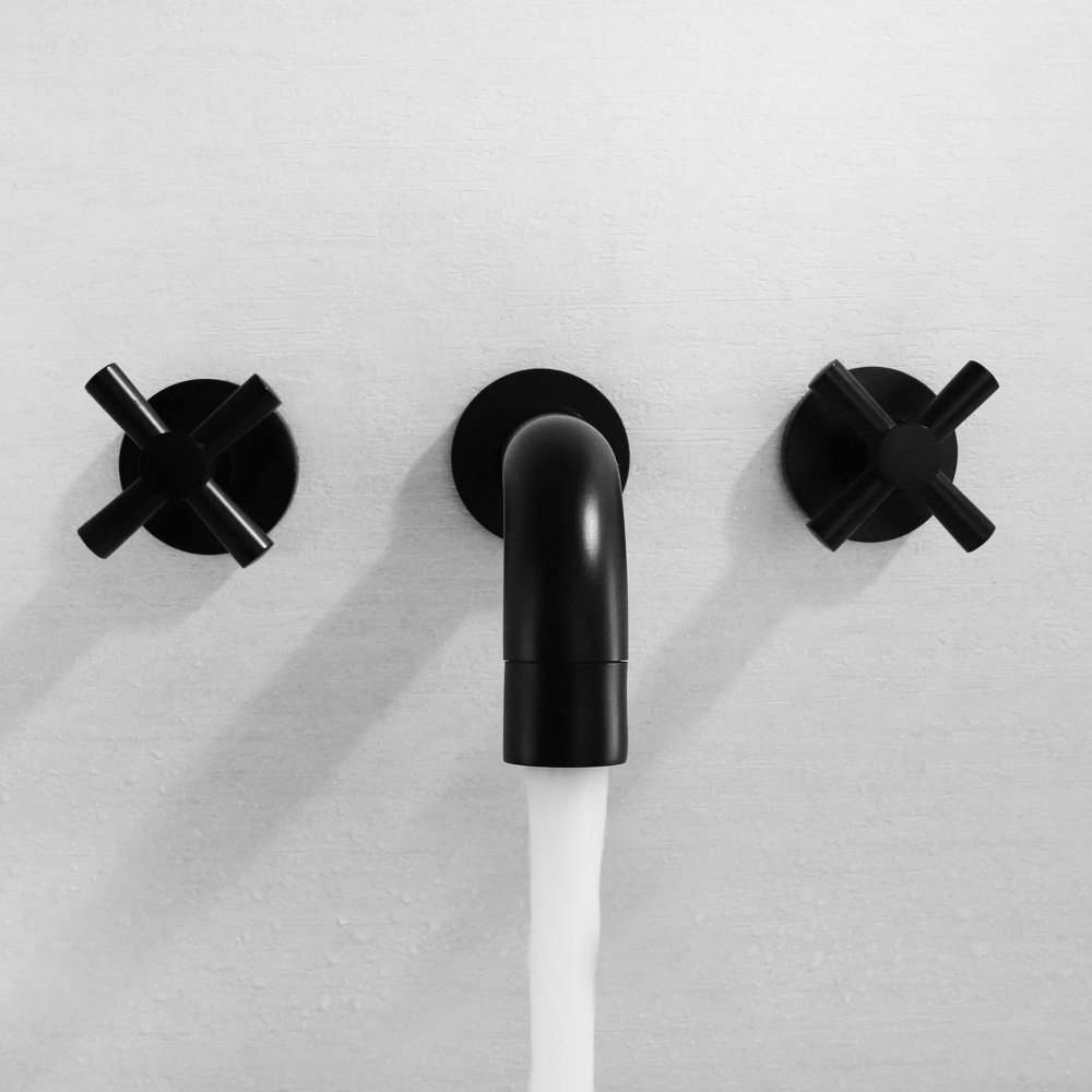 Copper Cross Handle Wall Mount Bathroom Sink Faucet - Matte Black Mixer Tap with Casting Faucet Valve (Model DR-4831B) for Modern Bathroom, Powder Room, and Guest Bath Decor
